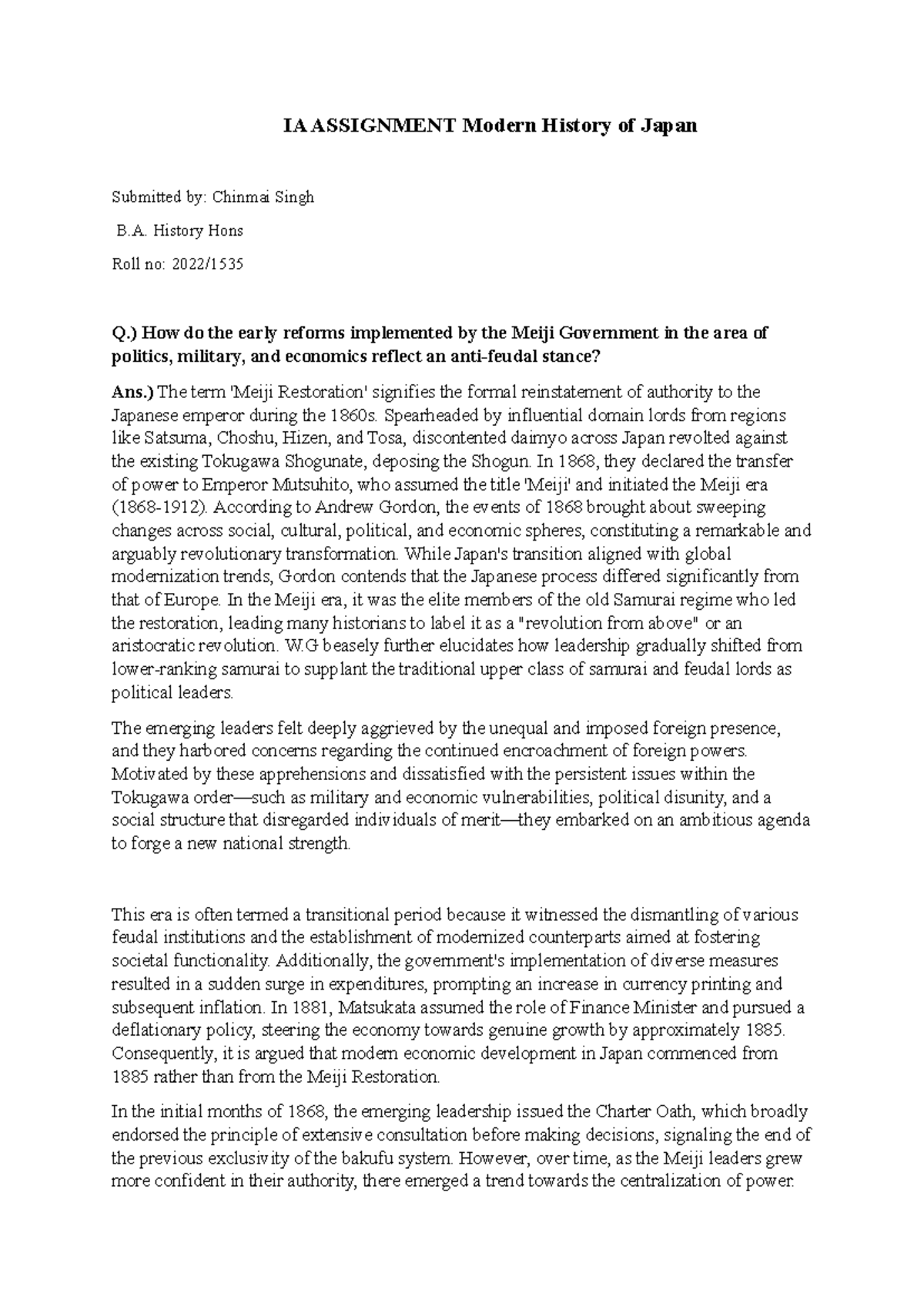 IA Assignment Modern History of Japan - IA ASSIGNMENT Modern History of ...