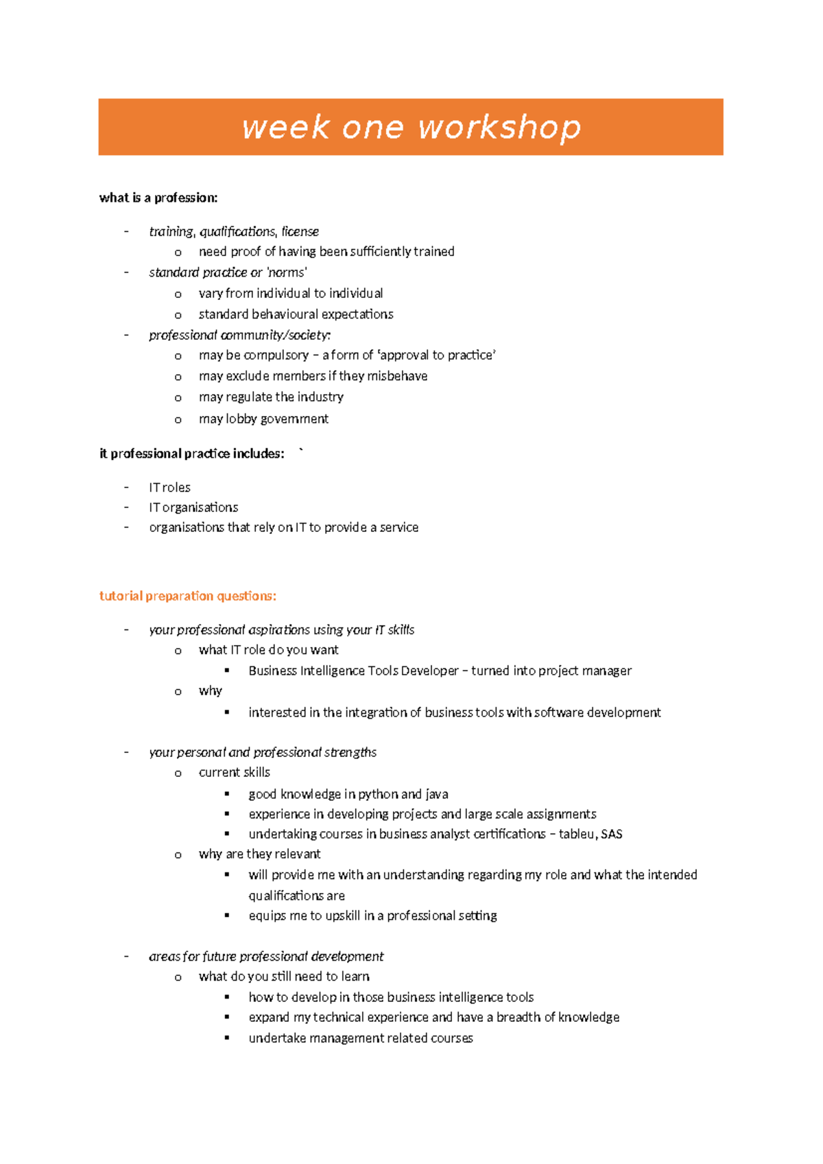 Workshop notes week one - week one workshop what is a profession ...