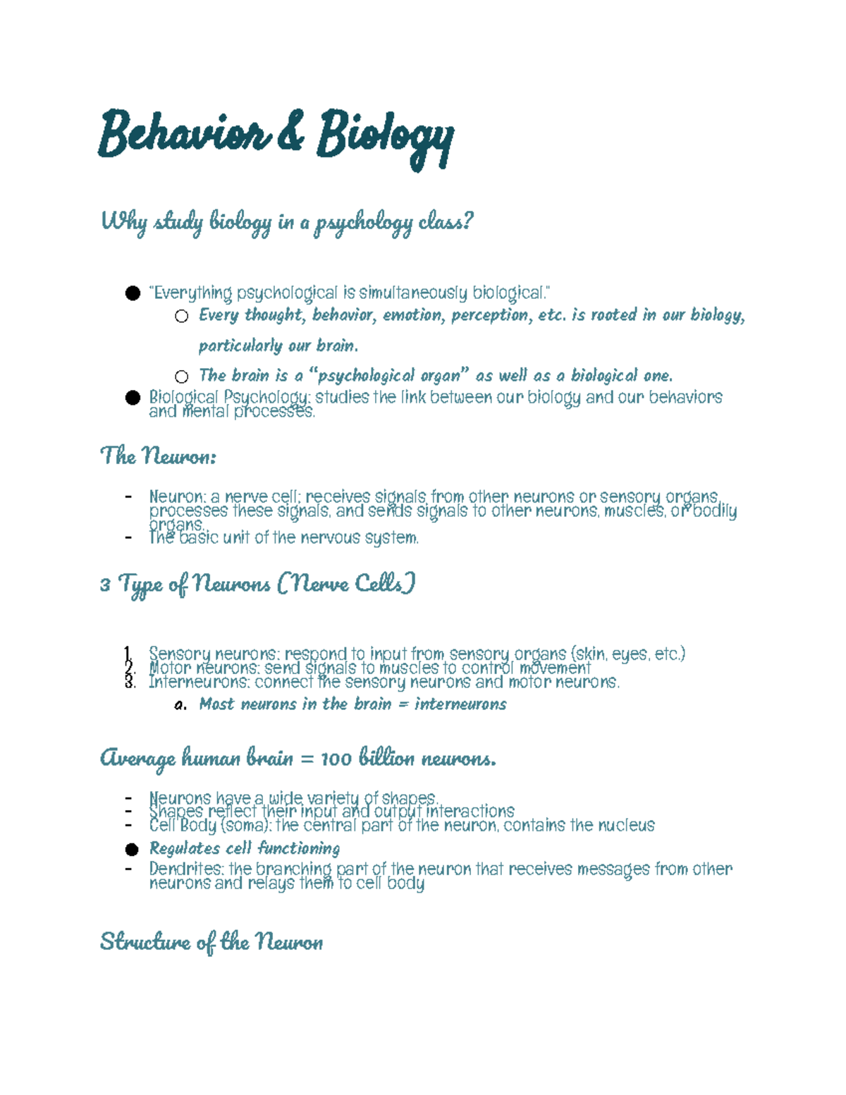 Biology & Behavior - Lecture notes 2-3 - Behavior & Biology Why study ...