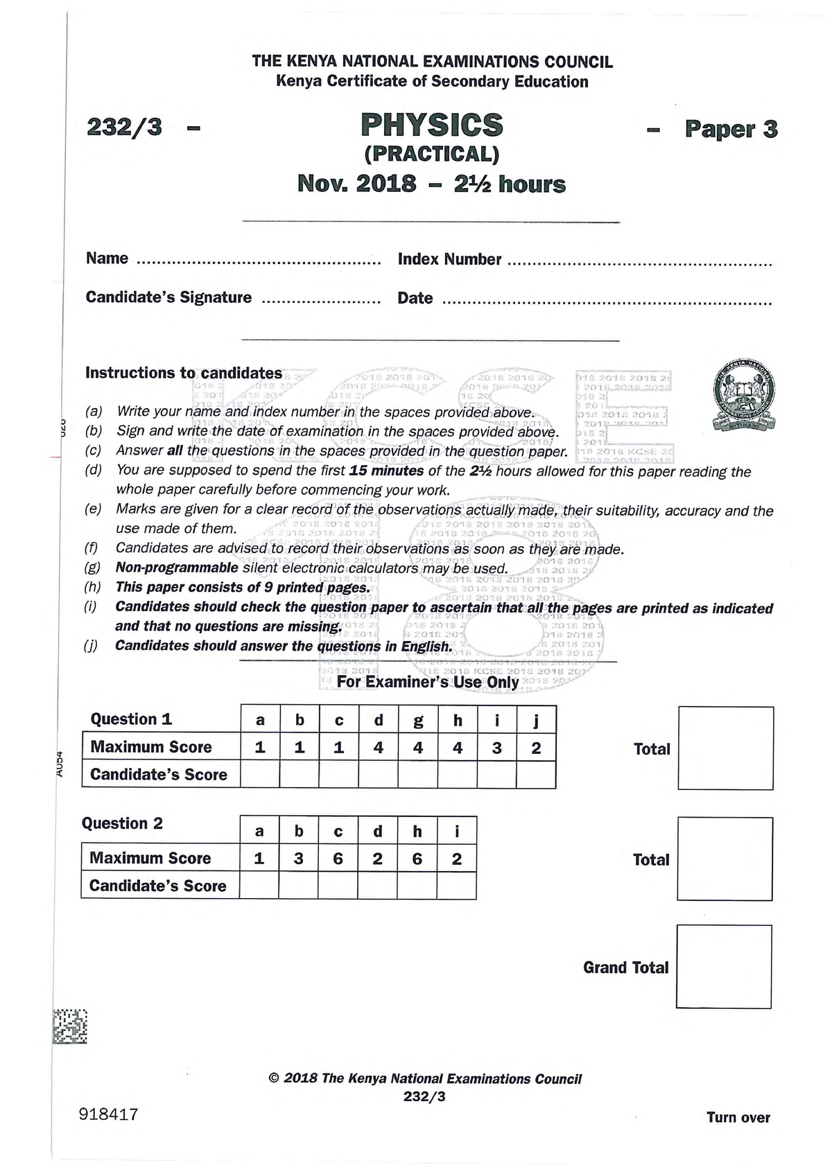 KCSE 2018 KNEC PHY P3 - Thoroughly read it - Engineering Math - Studocu