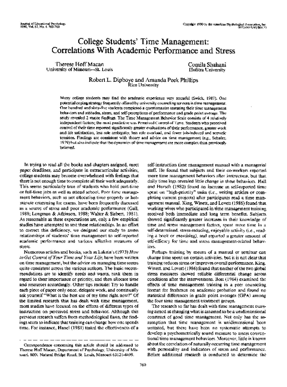 Edu 82 4 760 - Academic Stress - Journal Of Educational Psychology 1990 ...