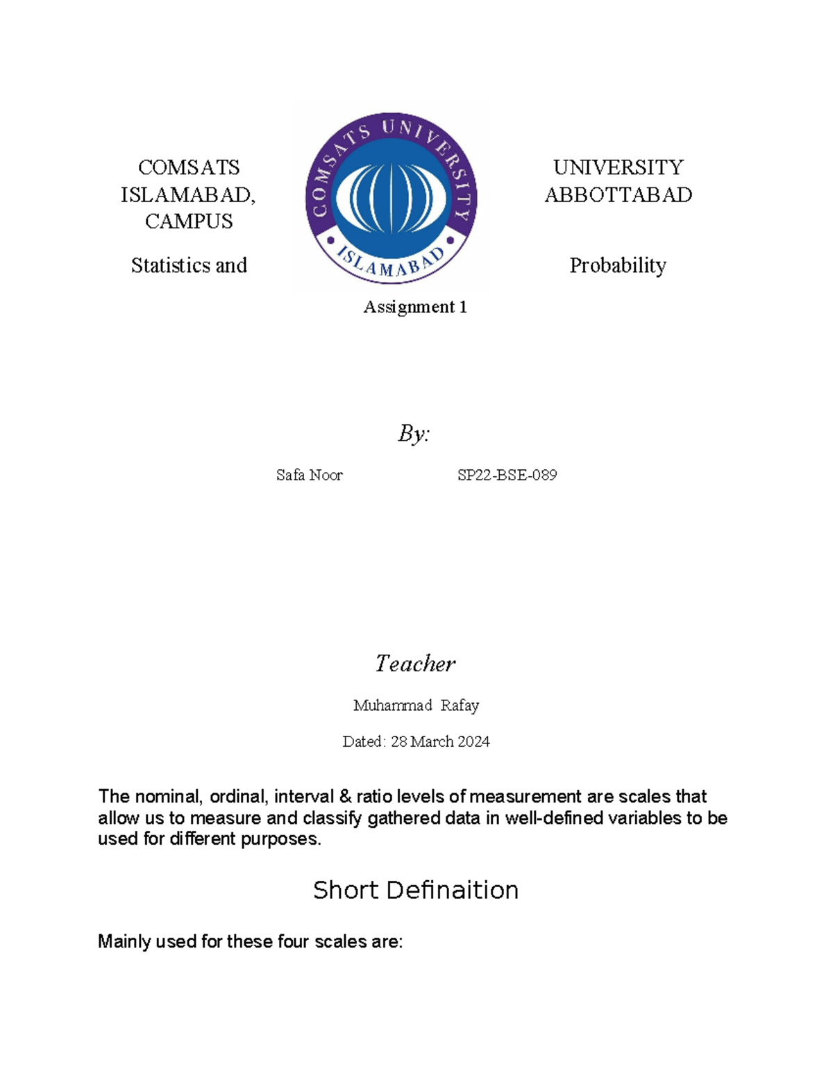 Stats ass 1 - COMSATS UNIVERSITY ISLAMABAD, ABBOTTABAD CAMPUS ...