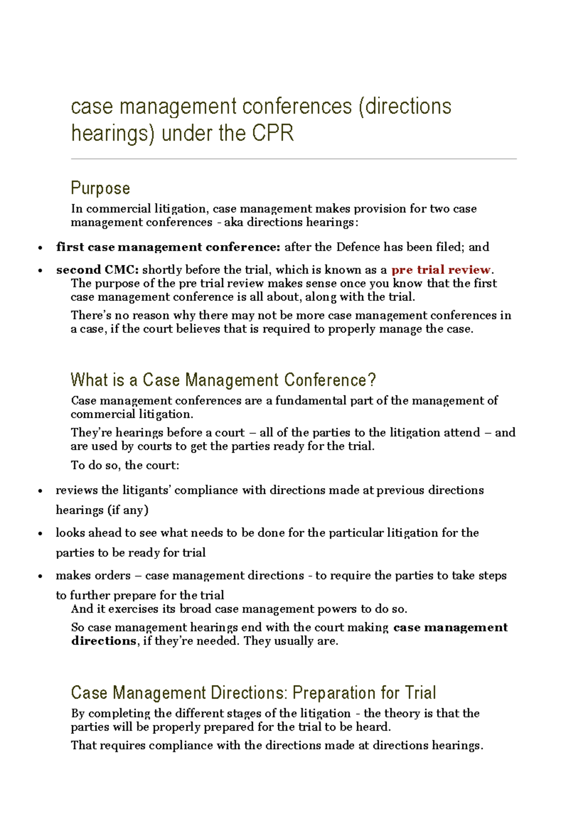 Case Management Conference case management conferences (directions