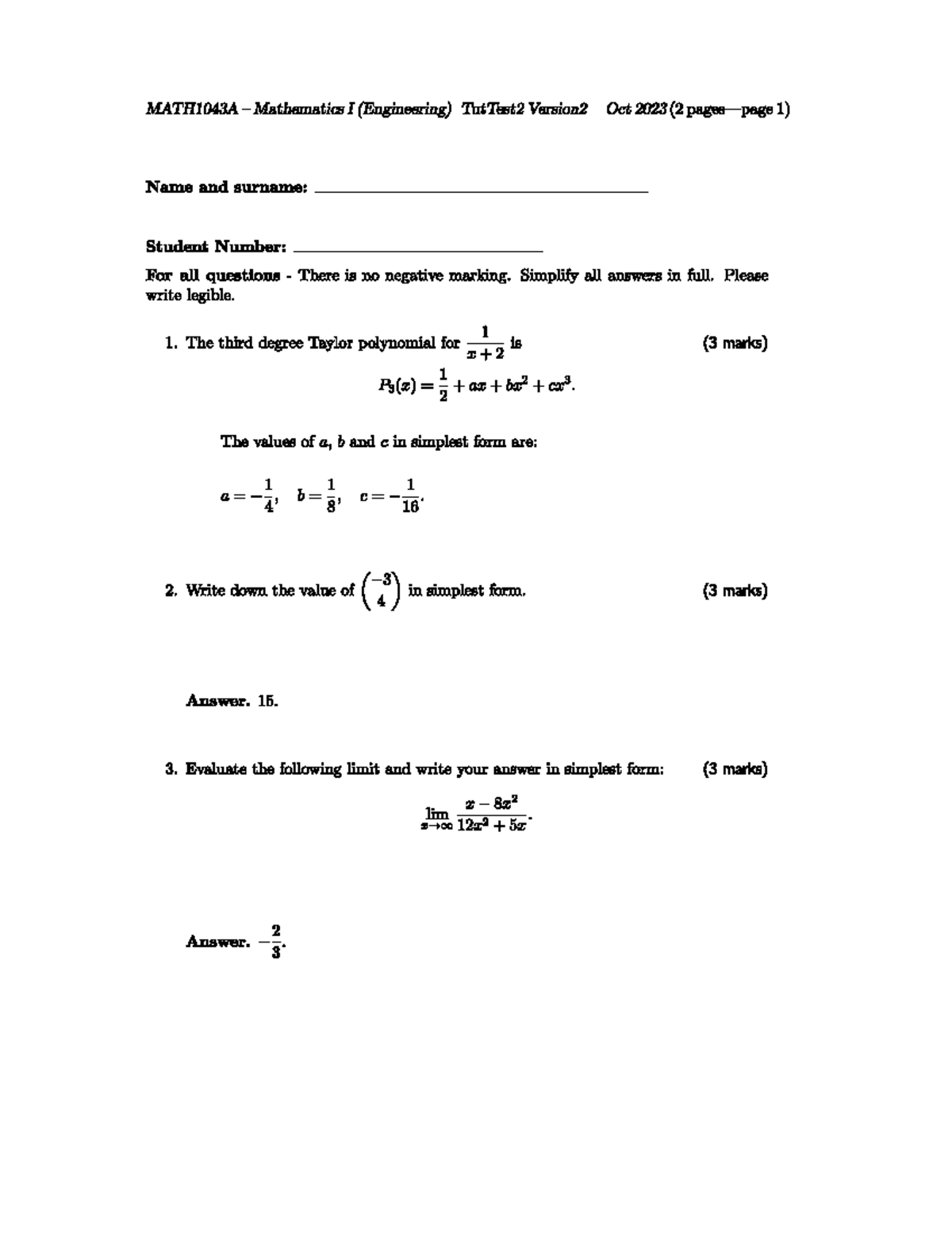 Tut Test 2v2memo - Tut test given for block 3 - MATH1043 - Studocu