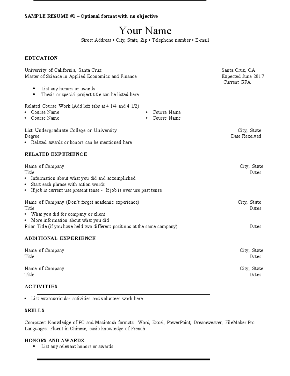 Sample-resumes - SAMPLE RESUME # 1 – Optional format with no o b j ec t ...