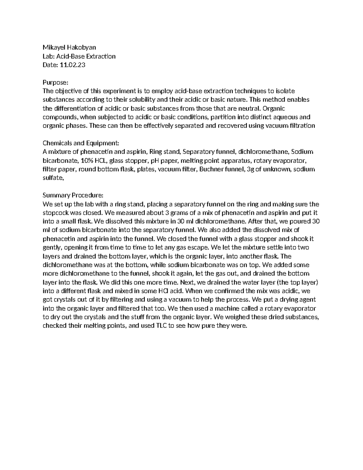 LAB acid base extraction Mikayel Hakobyan Lab AcidBase Extraction