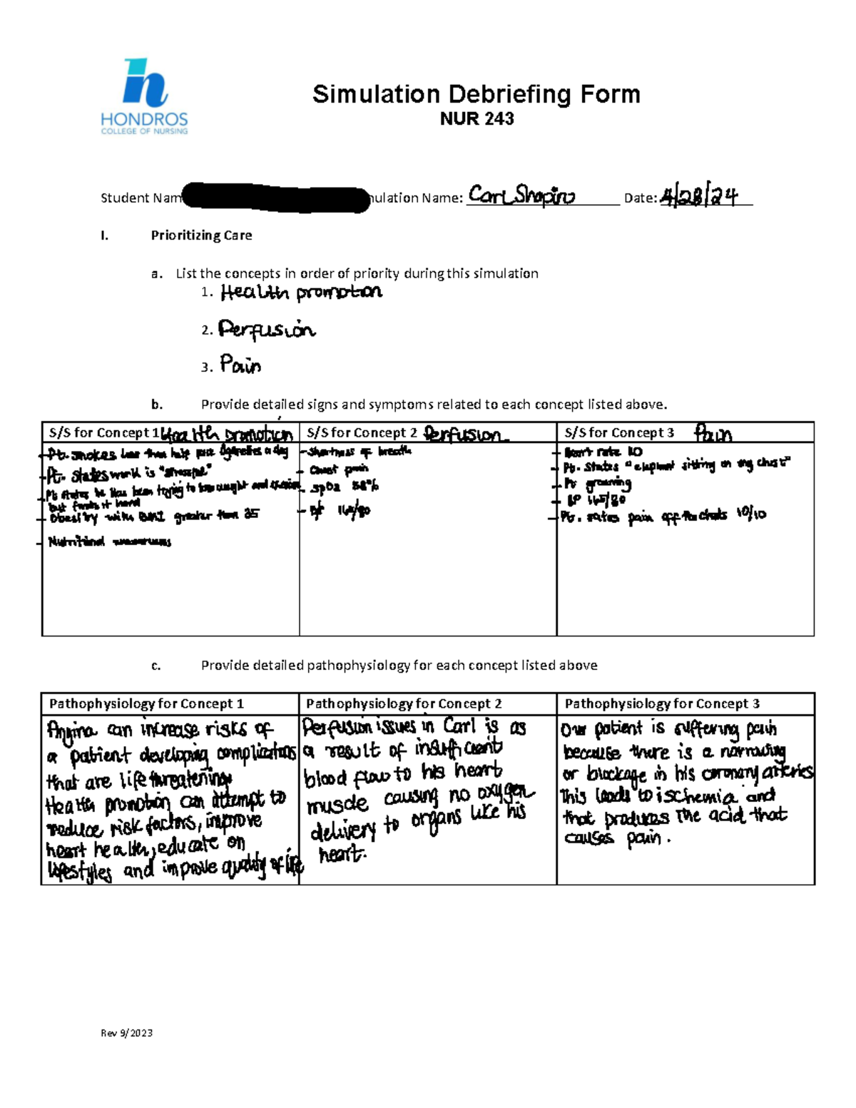 NUR 243 Simulation Debriefing Form - NUR 2 43 Student Name ...