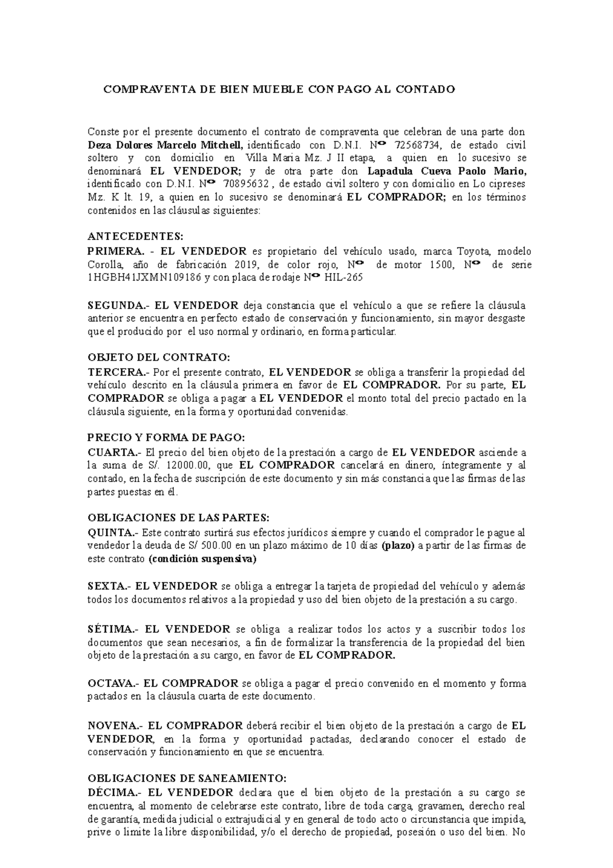 COMPRAVENTA DE BIEN MUEBLE CON PAGO AL