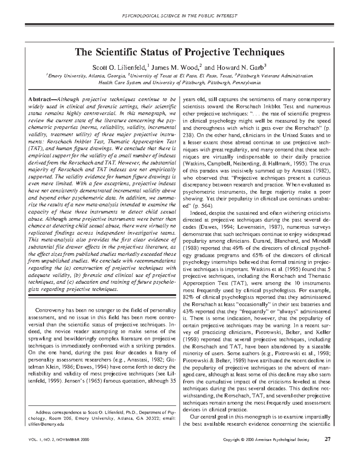 Lilienfeld-ea-2000 - Reading on projective test - The Scientific Status ...