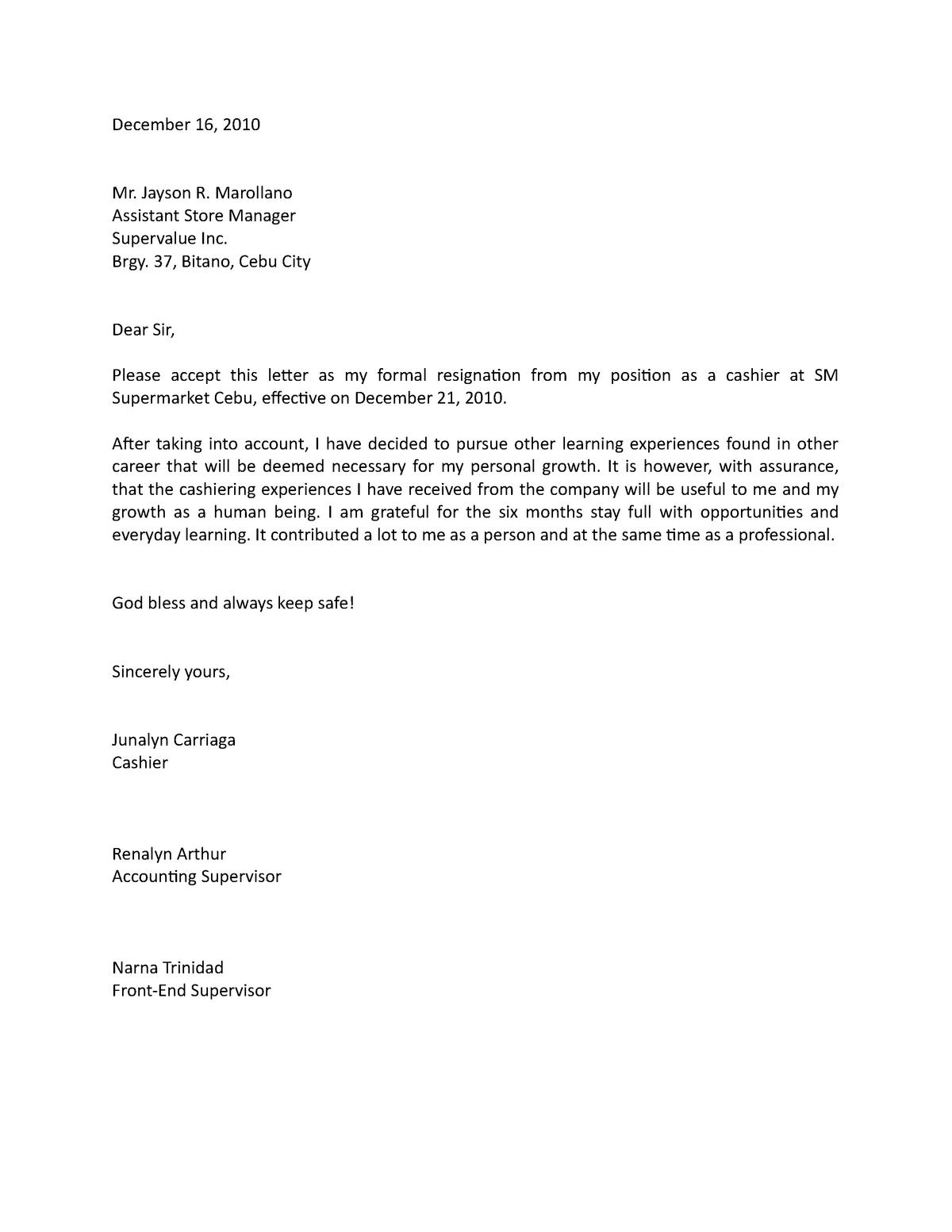 Resignation Letter - December 16, 2010 Mr. Jayson R. Marollano ...