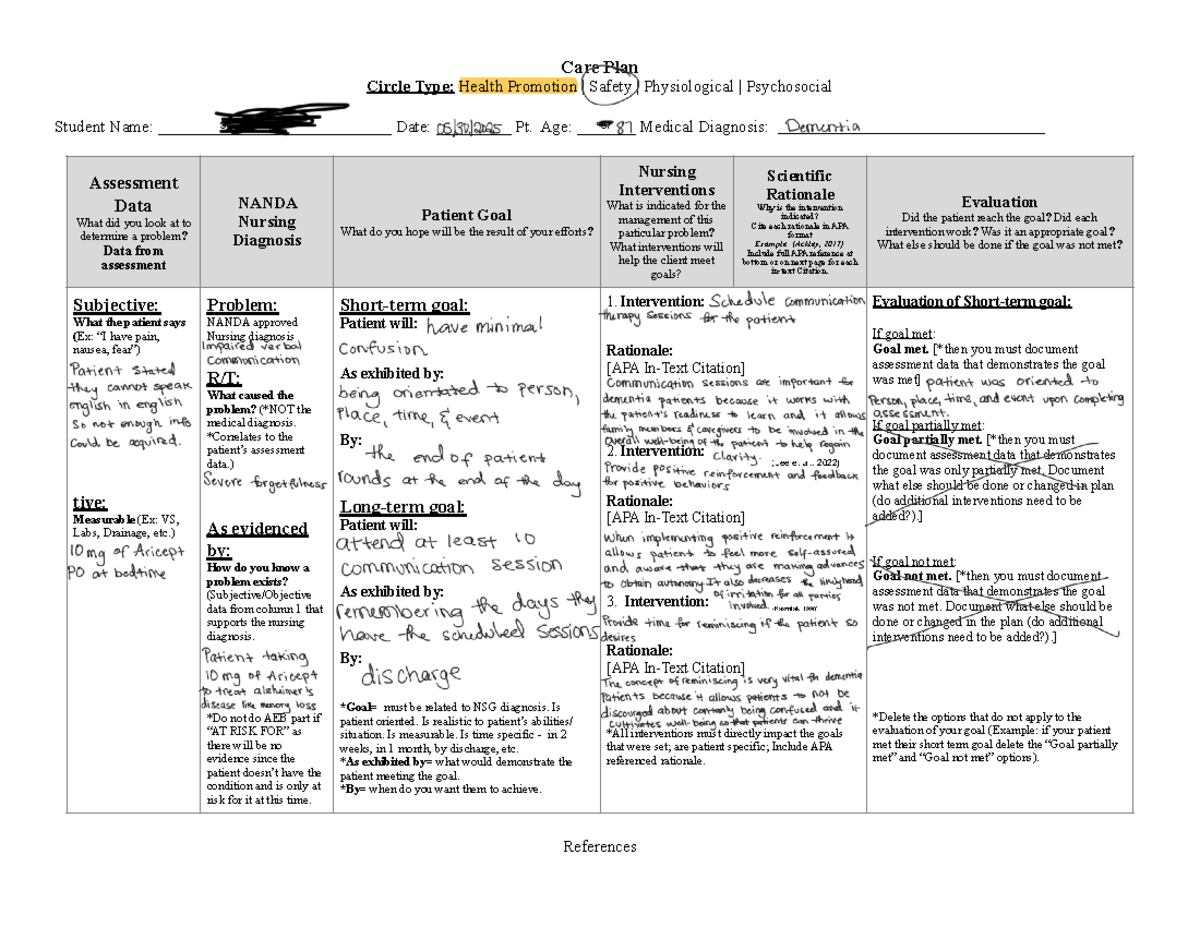 NSG 3130 Care Plan Template - Care Plan Circle Type: Health Promotion ...