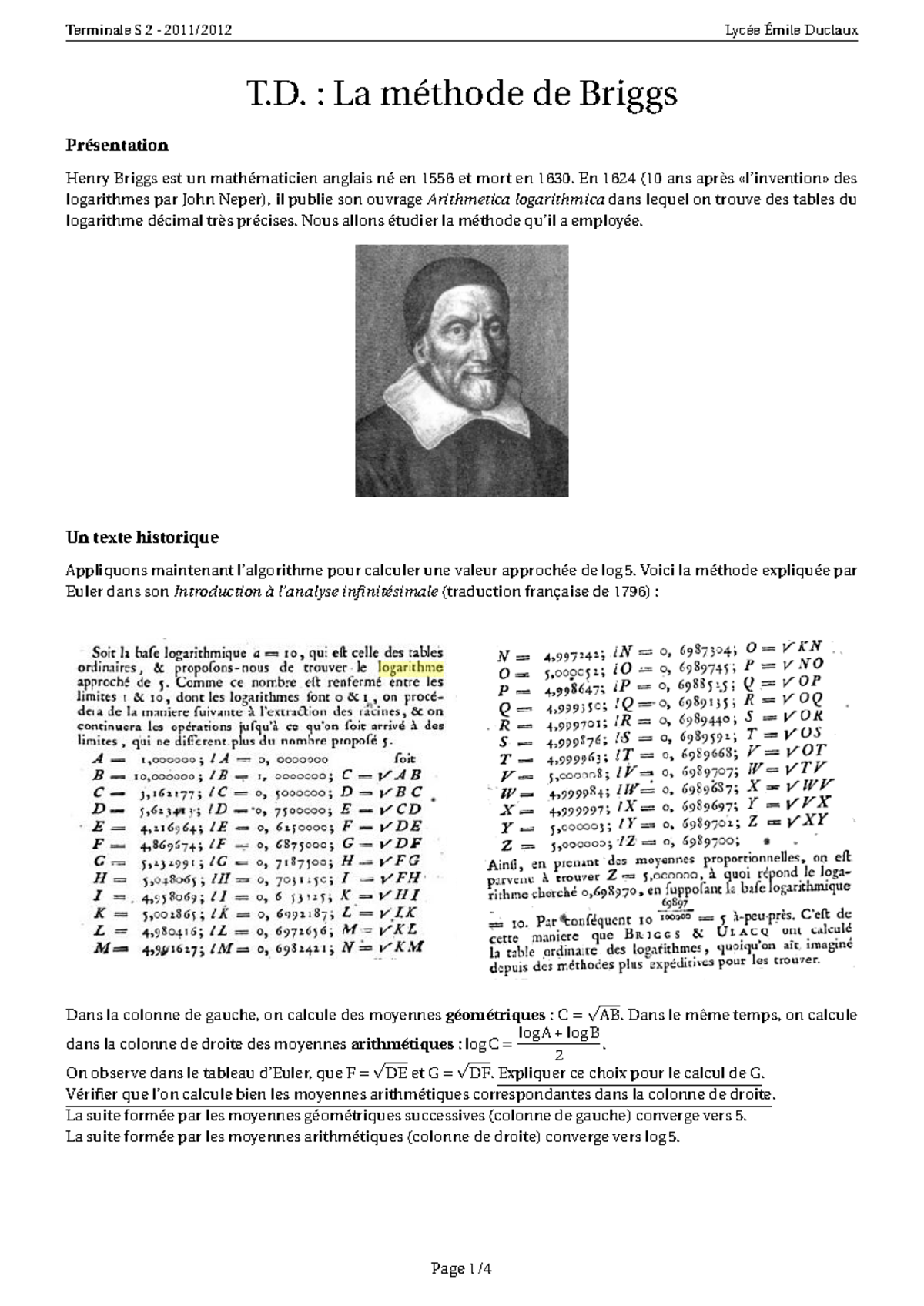 12f TD Briggs - Terminale S 2 - 2011/2012 Lycée Émile Duclaux T. : La ...