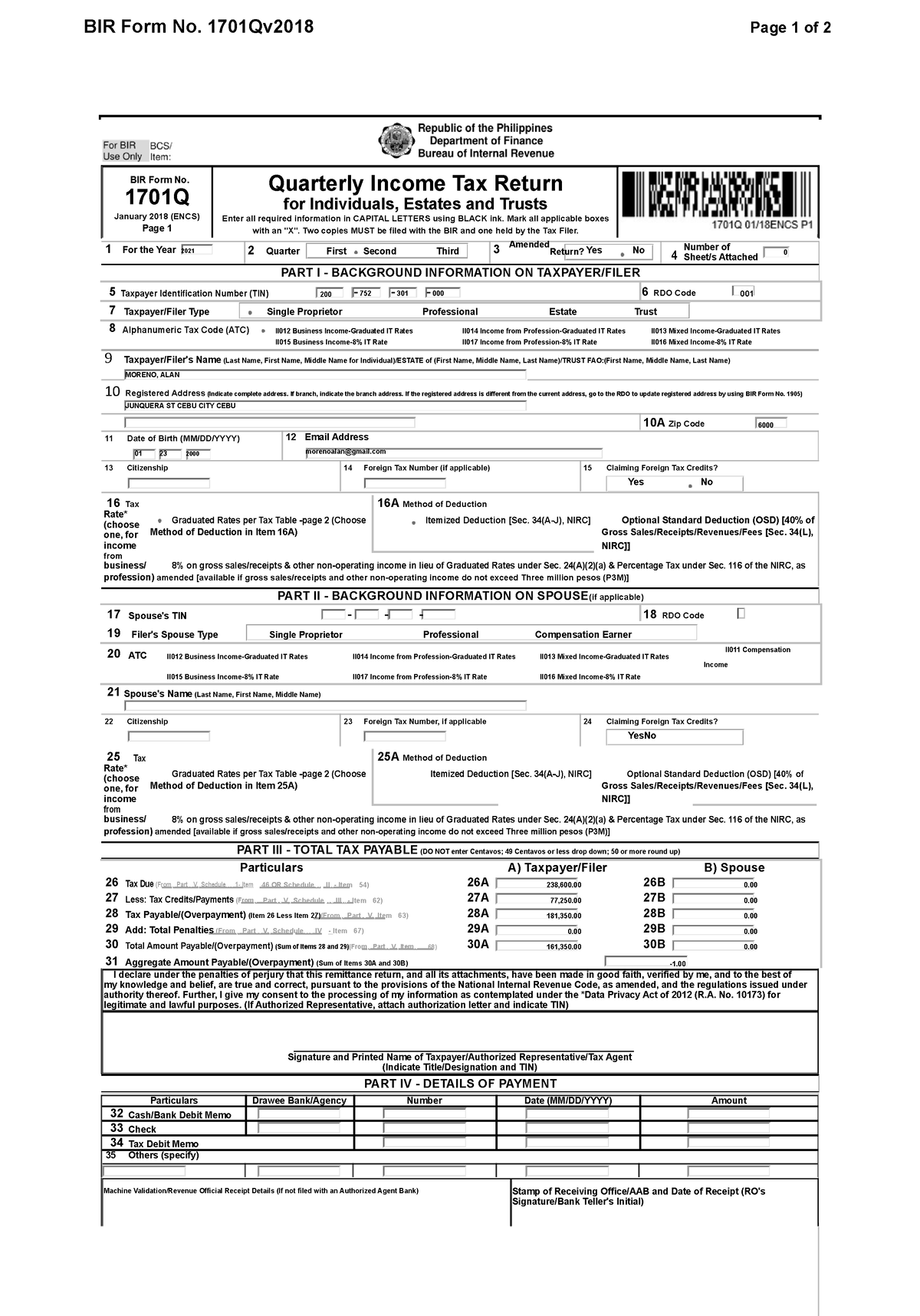 Second Quarter - Thank You - BIR Form No. 1701Qv2018 Page 1 Of 2 BIR ...