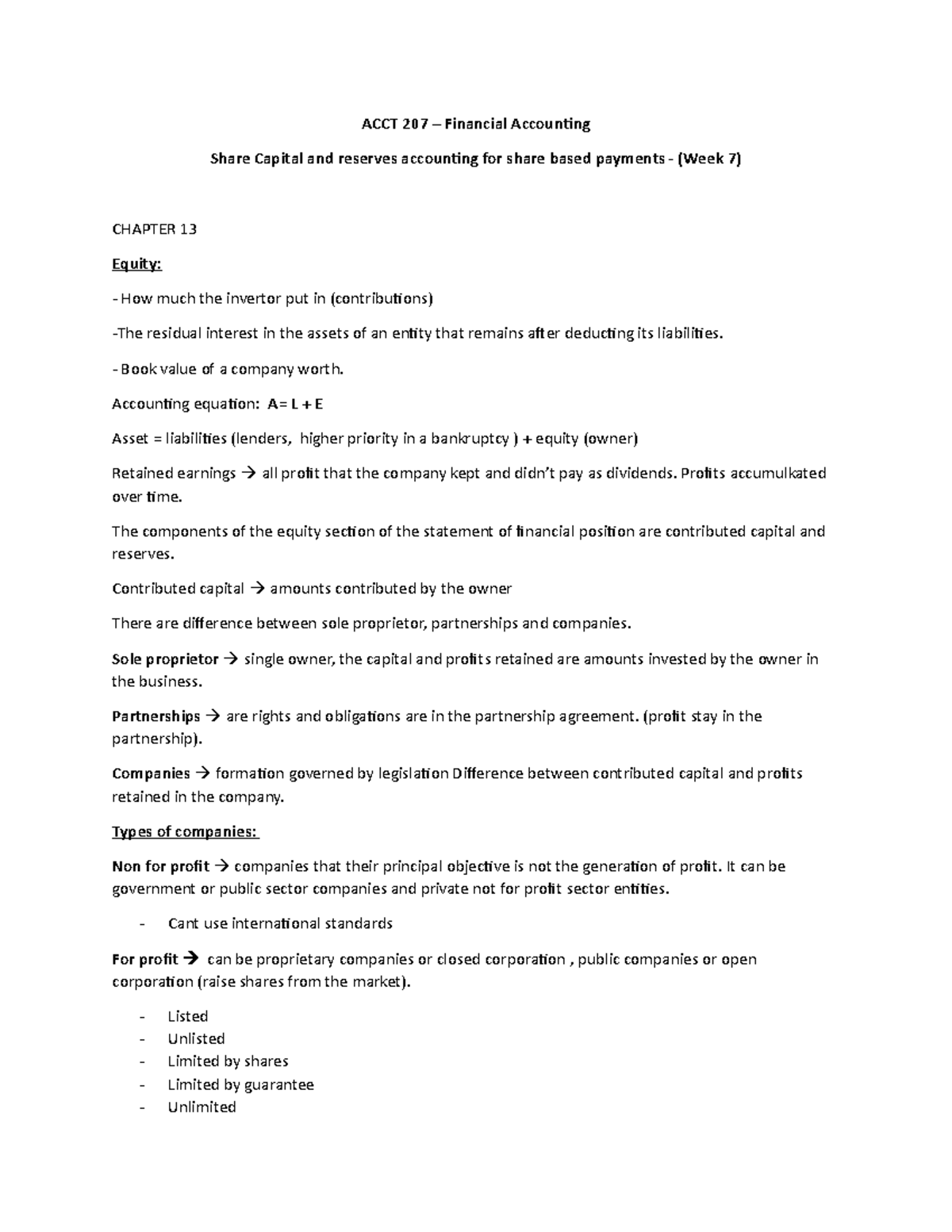 ACCT207 week 7 - LECTURE NOTES - ACCT 207 – Financial Accounting Share ...