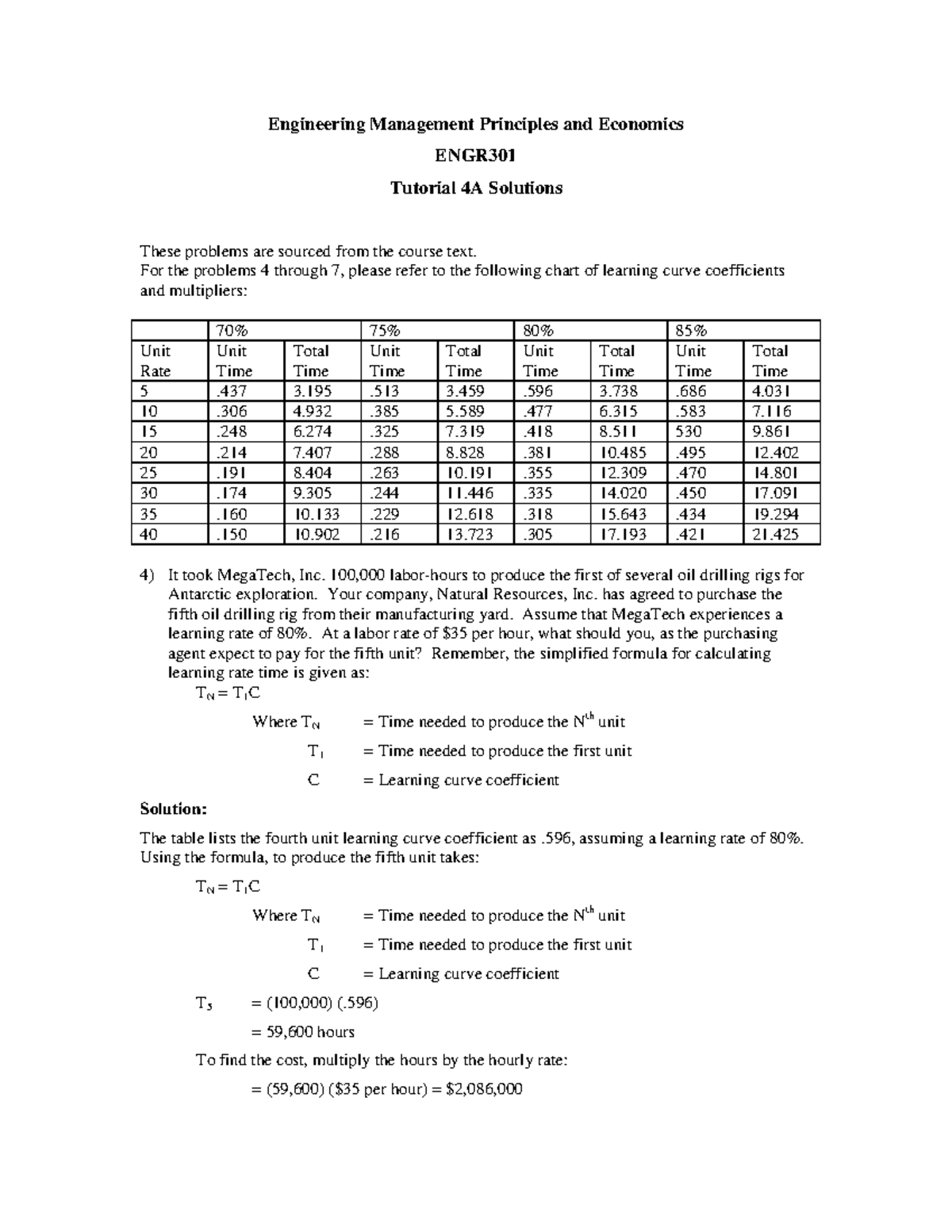 Tutorial 4A Cost Estimating Solutions - Engineering Management ...