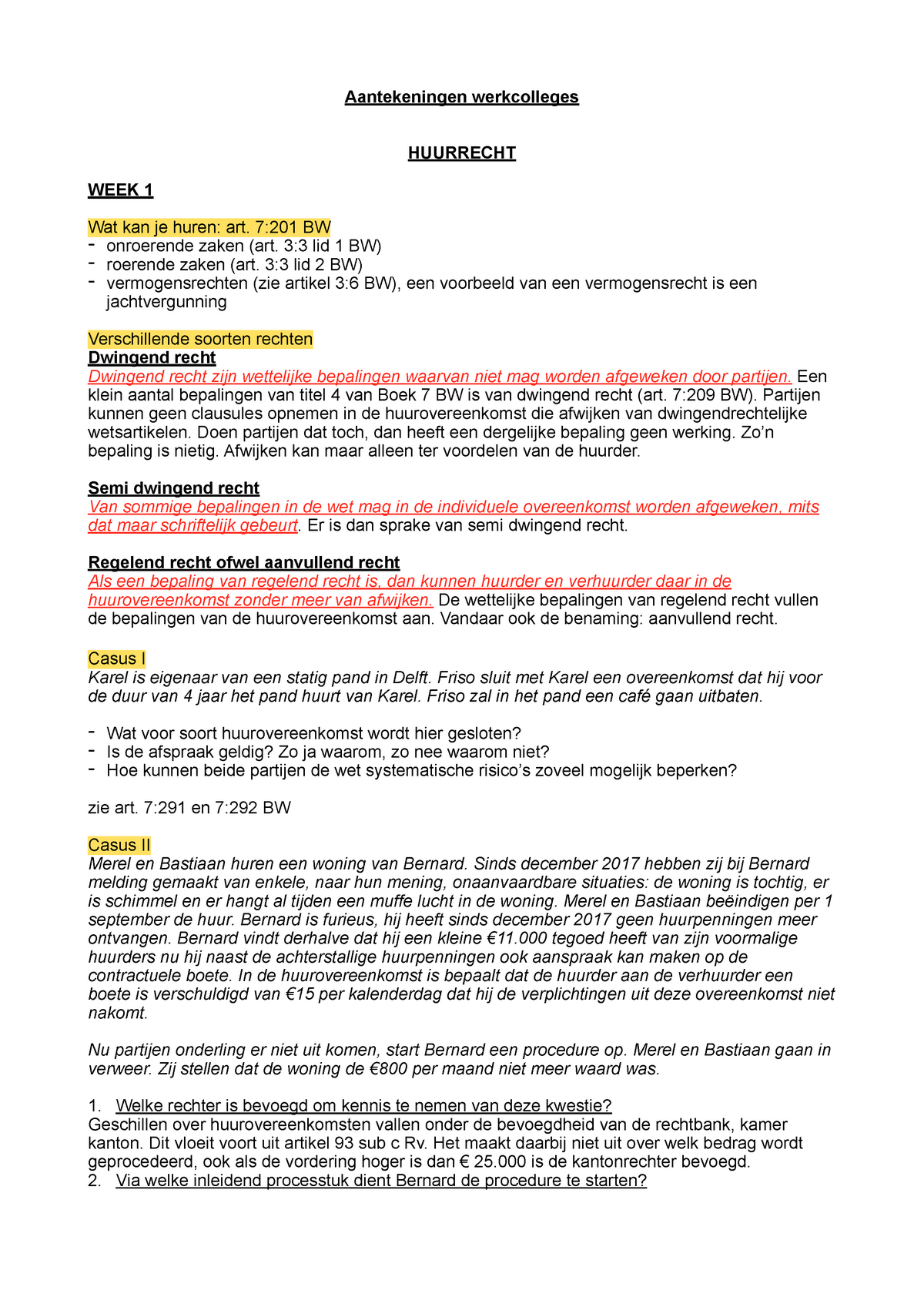 Aantekeningen Werkcolleges - Aantekeningen Werkcolleges HUURRECHT WEEK ...