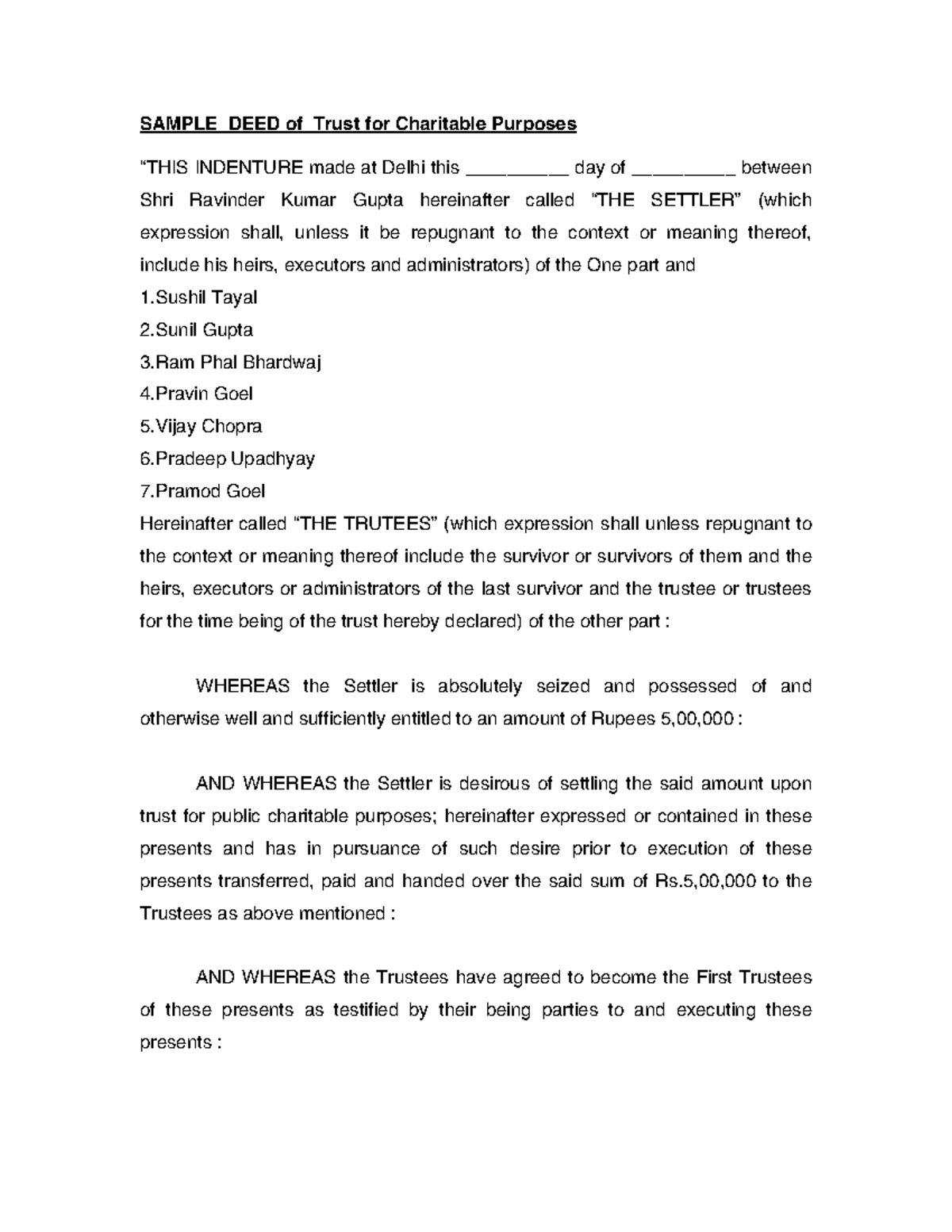 Charitable trust Equity and trust SAMPLE DEED of Trust for Charitable