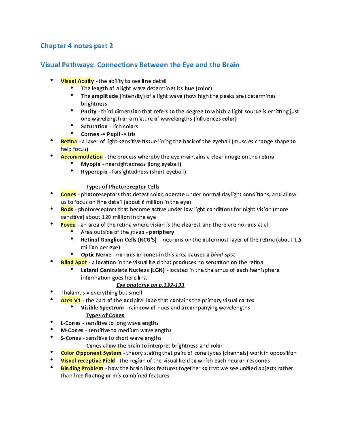 Chapter 4 notes part 2 - Chapter 4 notes part 2 Visual Pathways ...
