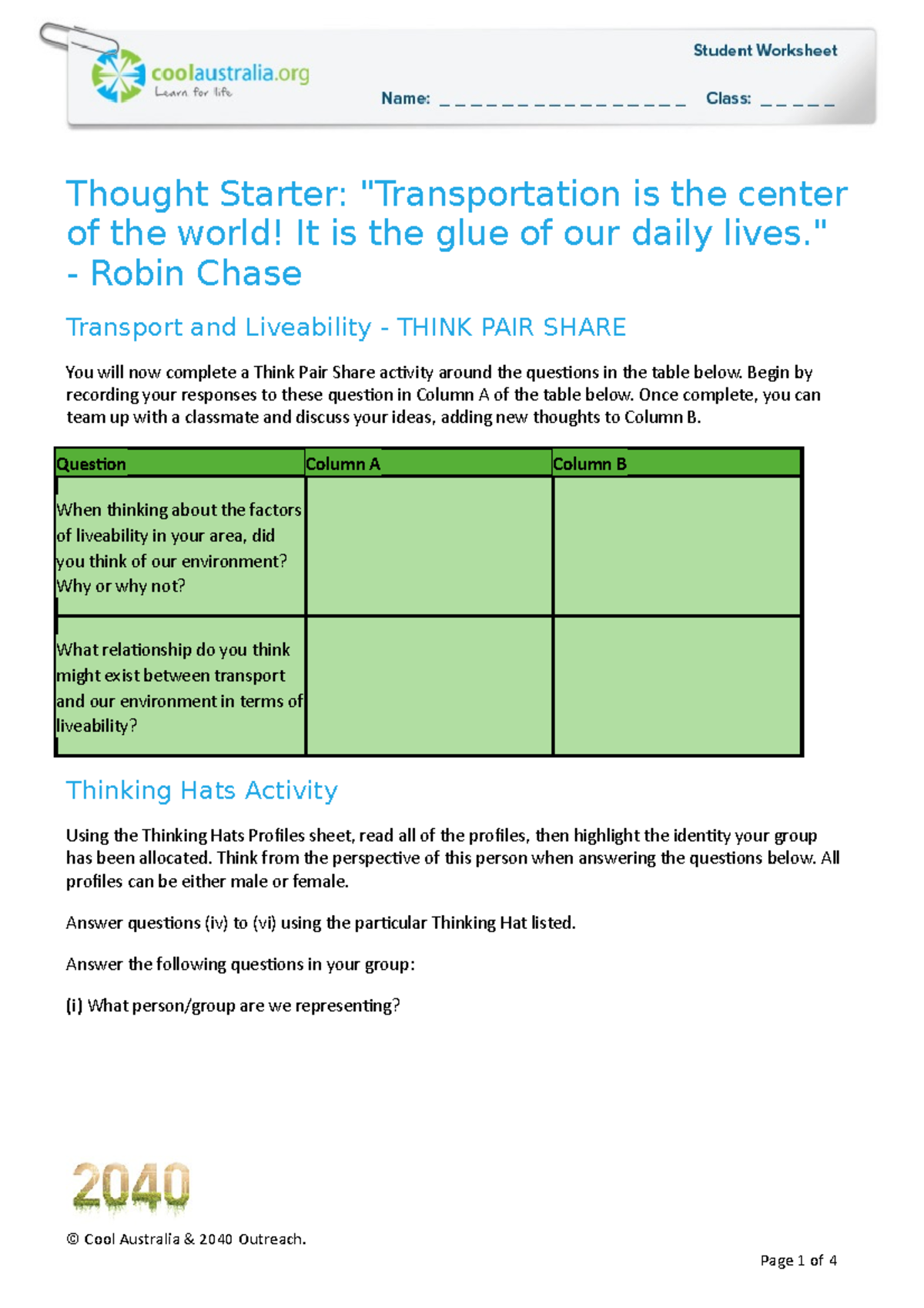 2040 Transport And Liveability Geography Years 7 8Student Worksheet