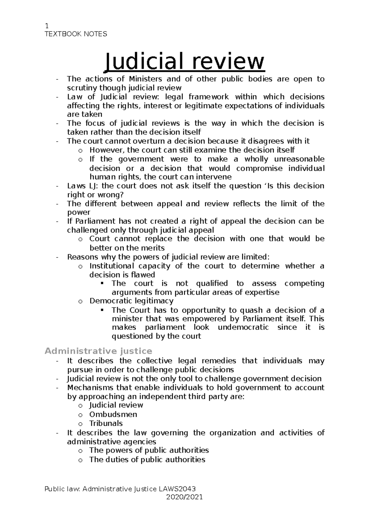 Textbook Notes- Administrative Law - TEXTBOOK NOTES Judicial Review The ...