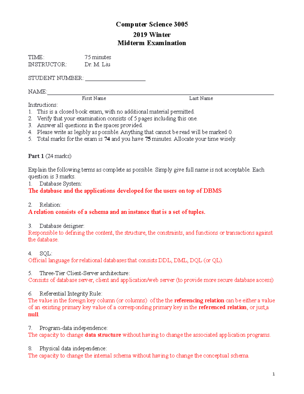 Midterm 23 October 2019, questions and answers - Computer Science 3005 ...