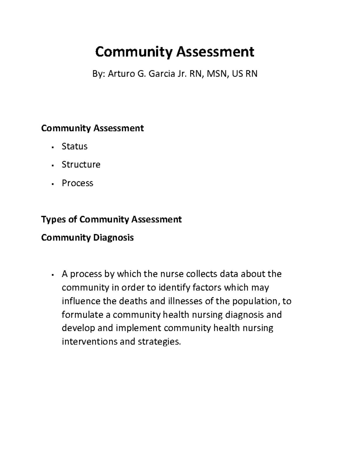 Community assessment - Notes - Community Assessment By: Arturo G ...