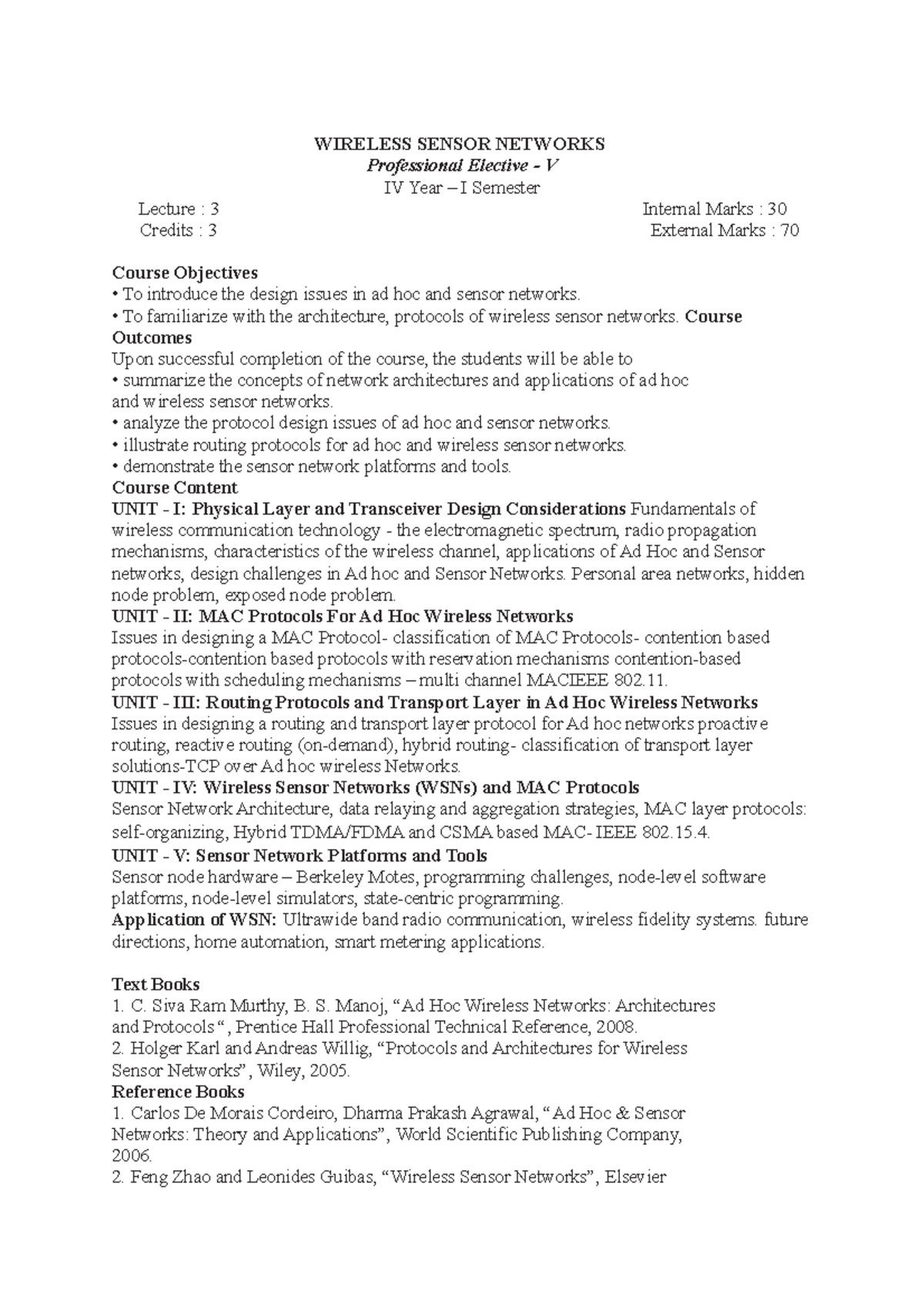 Syllabus WIRELESS SENSOR NETWORKS Professional Elective V IV Year