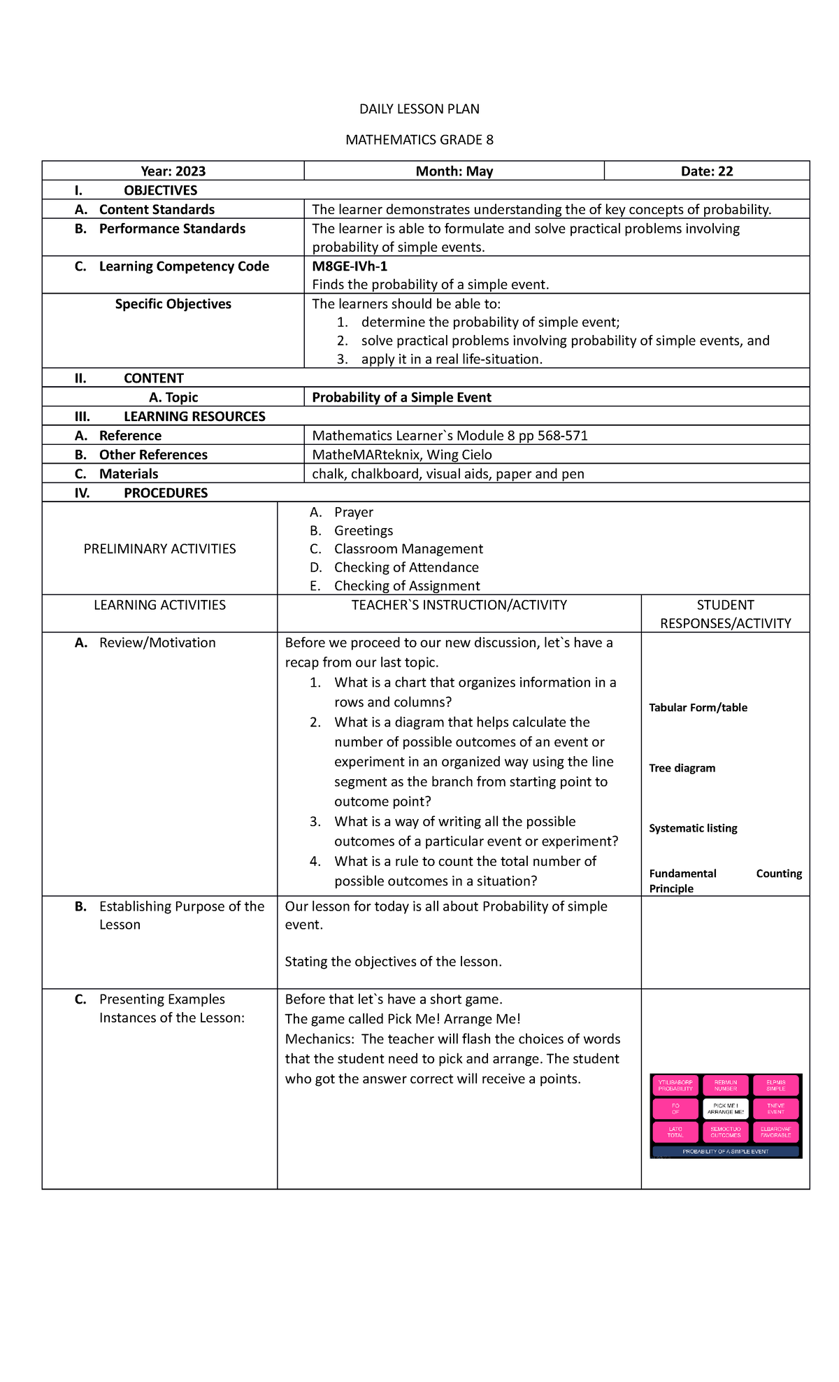 Probability of Simple Event - DAILY LESSON PLAN MATHEMATICS GRADE 8 ...