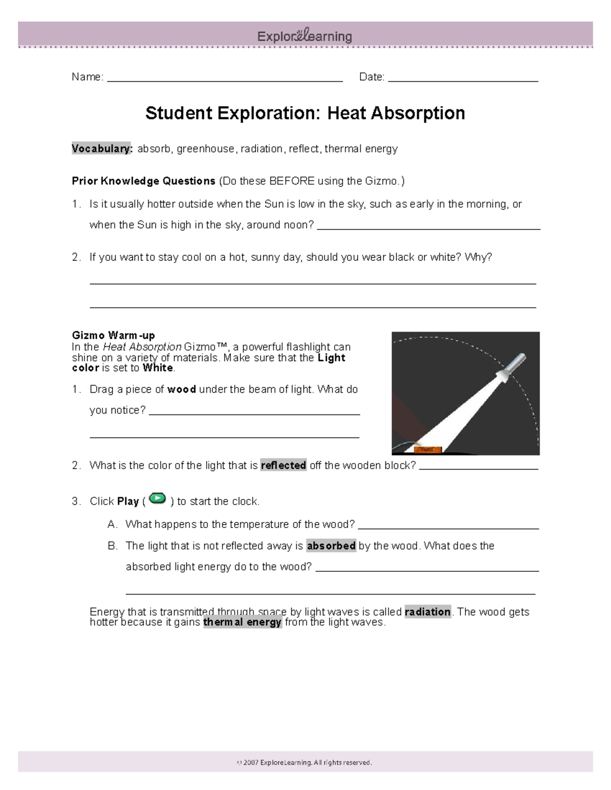 Feel the heat gizmo answer key Name Date Student Exploration Heat