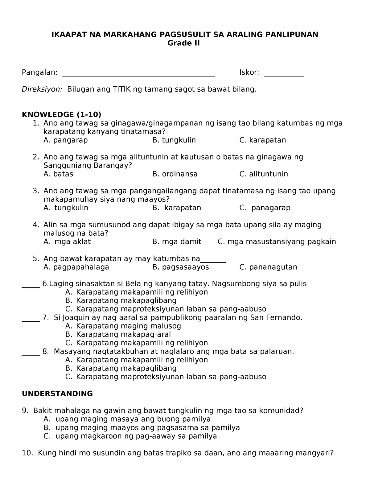 PT Araling Panlipunan 2 - Q4 V2 - IKAAPAT NA MARKAHANG PAGSUSULIT SA ...