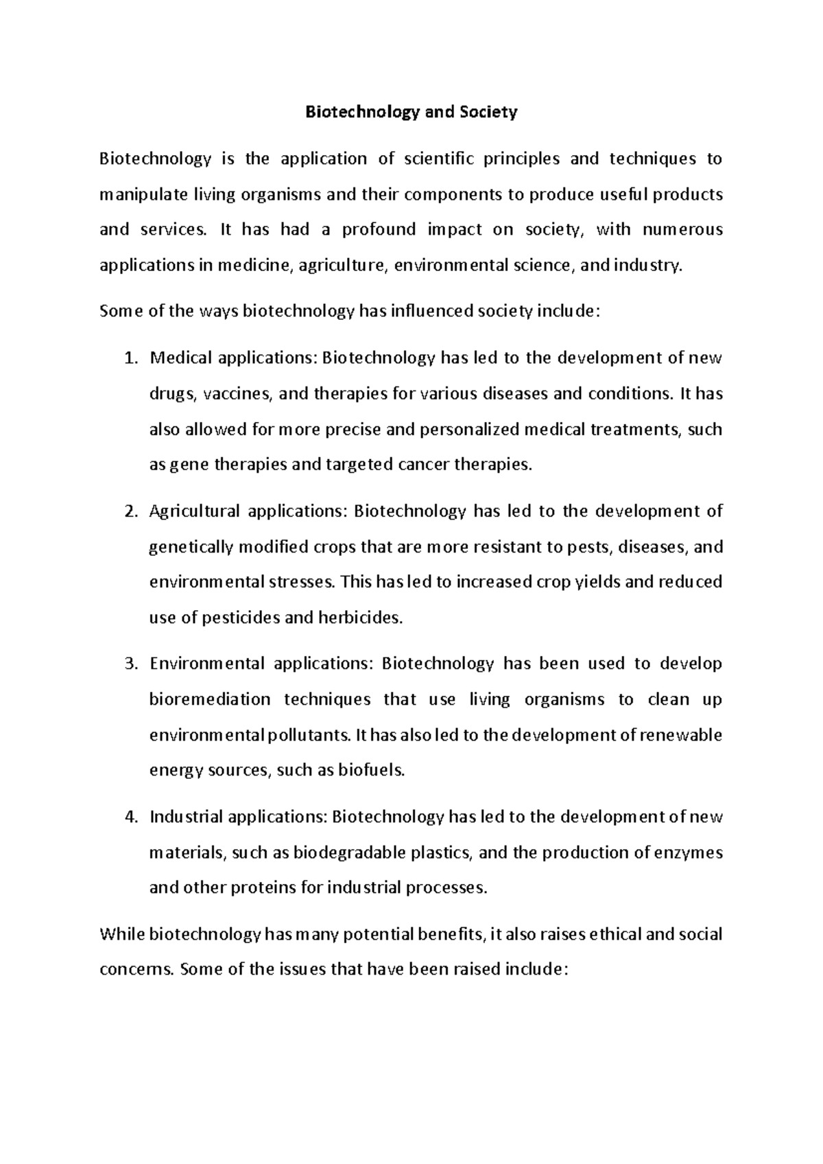 Biology Chapter 20-5 - Biotechnology and Society Biotechnology is the ...