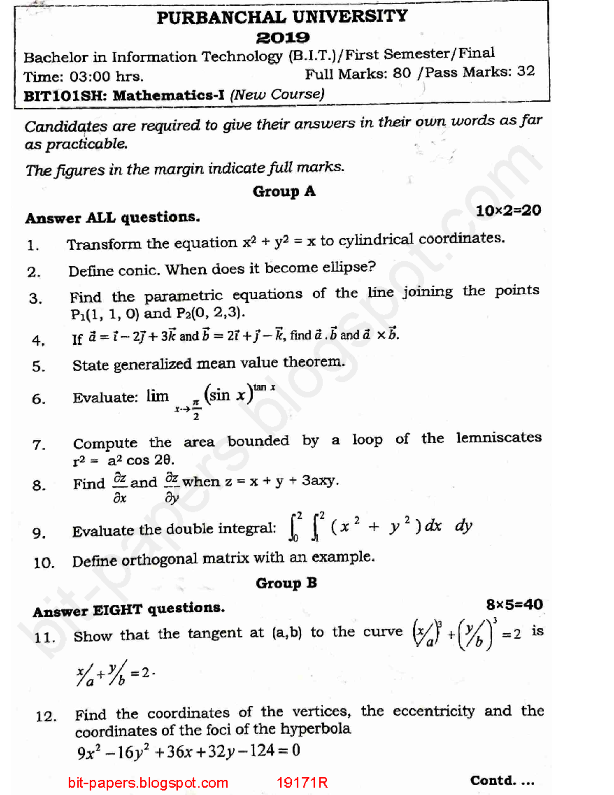 BIT I qns 2017 2018 2019 - BIT question paper - Bachelors of computer ...