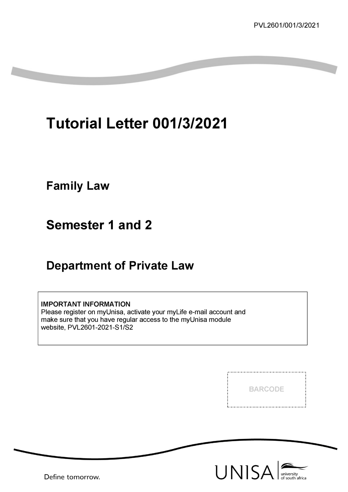 PVL2601 2021 TL 001 3 B - PVL2601/001/3/ Tutorial Letter 001/3/ Family ...