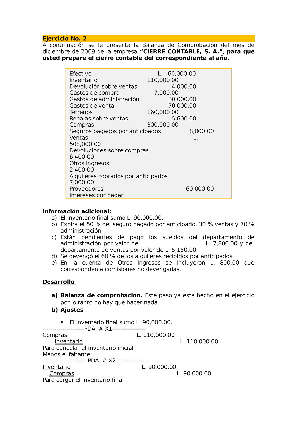 Cierre Contable Ejercicio 2 261015 - Ejercicio No. 2 A Continuación Se ...