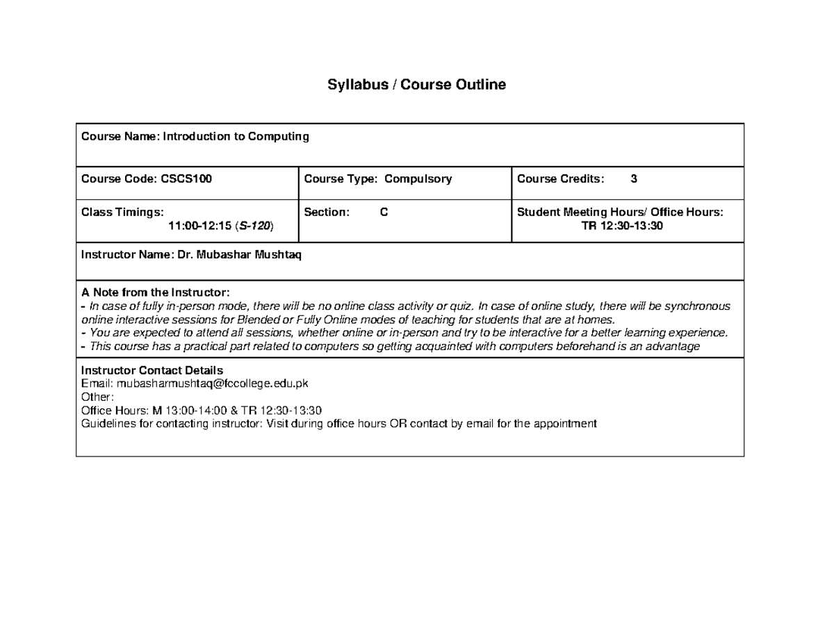 CSCS100-C - Spring 2023 - Course Outline - Mubashar Mushtaq - Syllabus ...