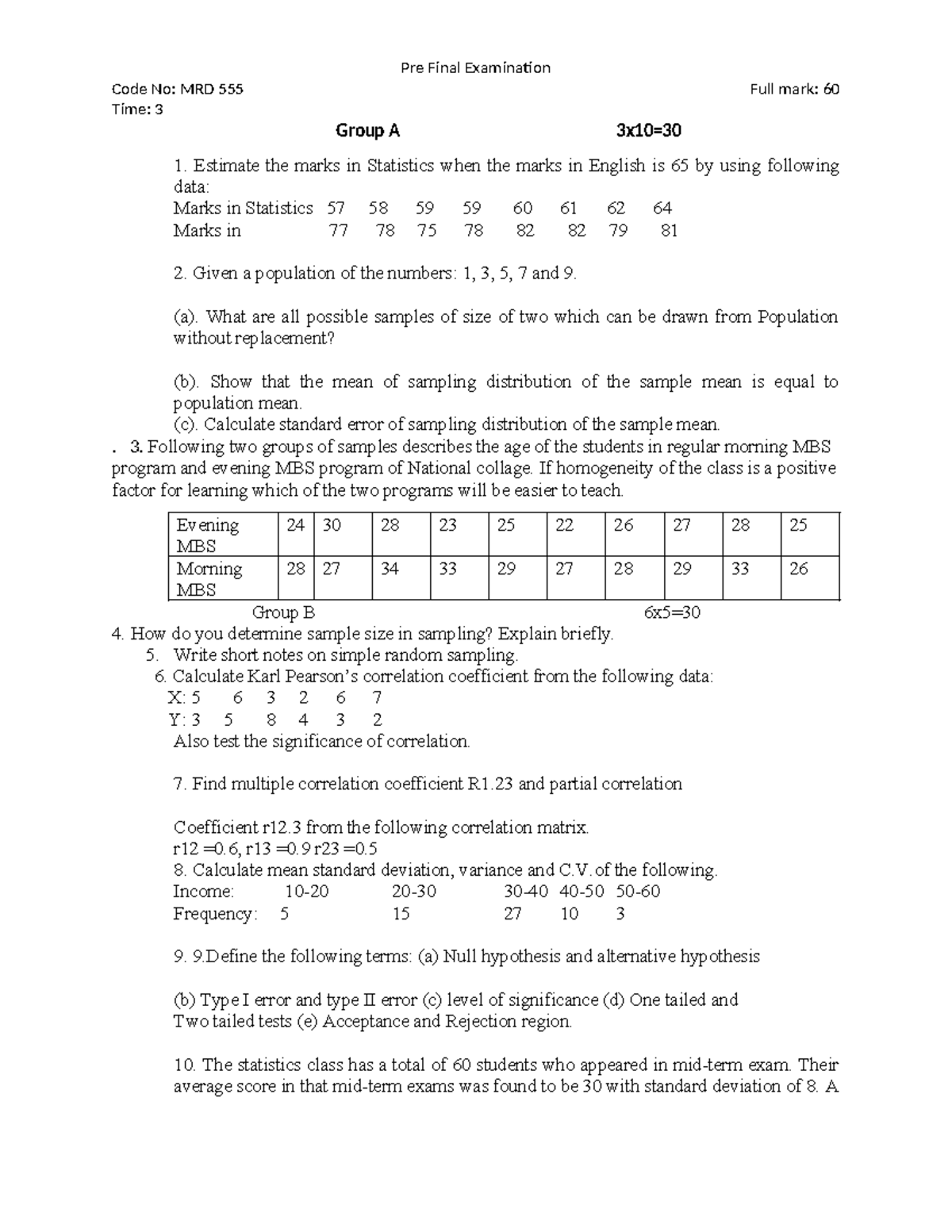 RD Pre-Board Example - Prepare for exam - Pre Final Examination Code No ...