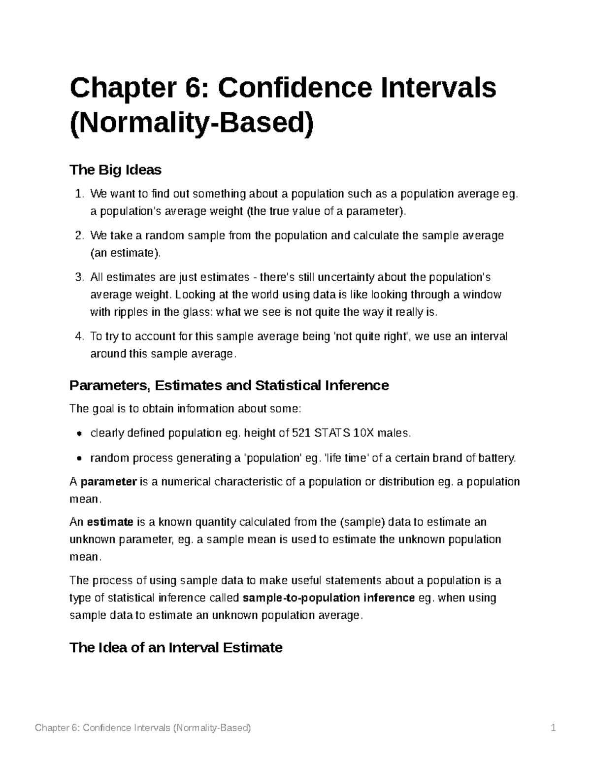 Chapter 6 Confidence Intervals (Normality-Based) - a population's ...