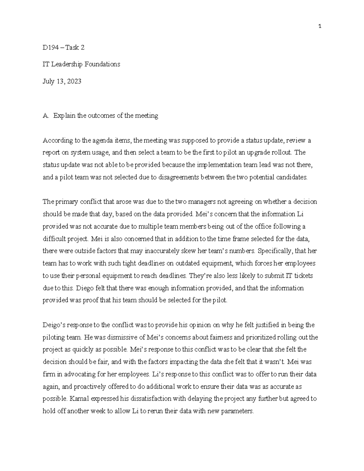 D194 IT Leadership Foundations - Task 2 - D194 – Task 2 IT Leadership ...