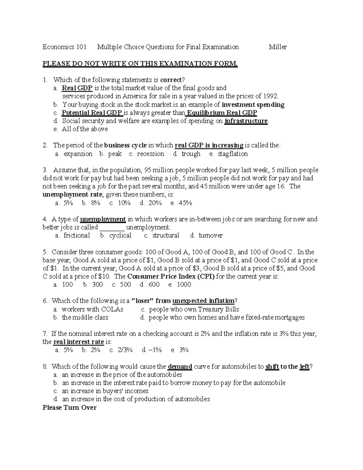Principle of economics - Economics 101 Multiple Choice Questions for ...
