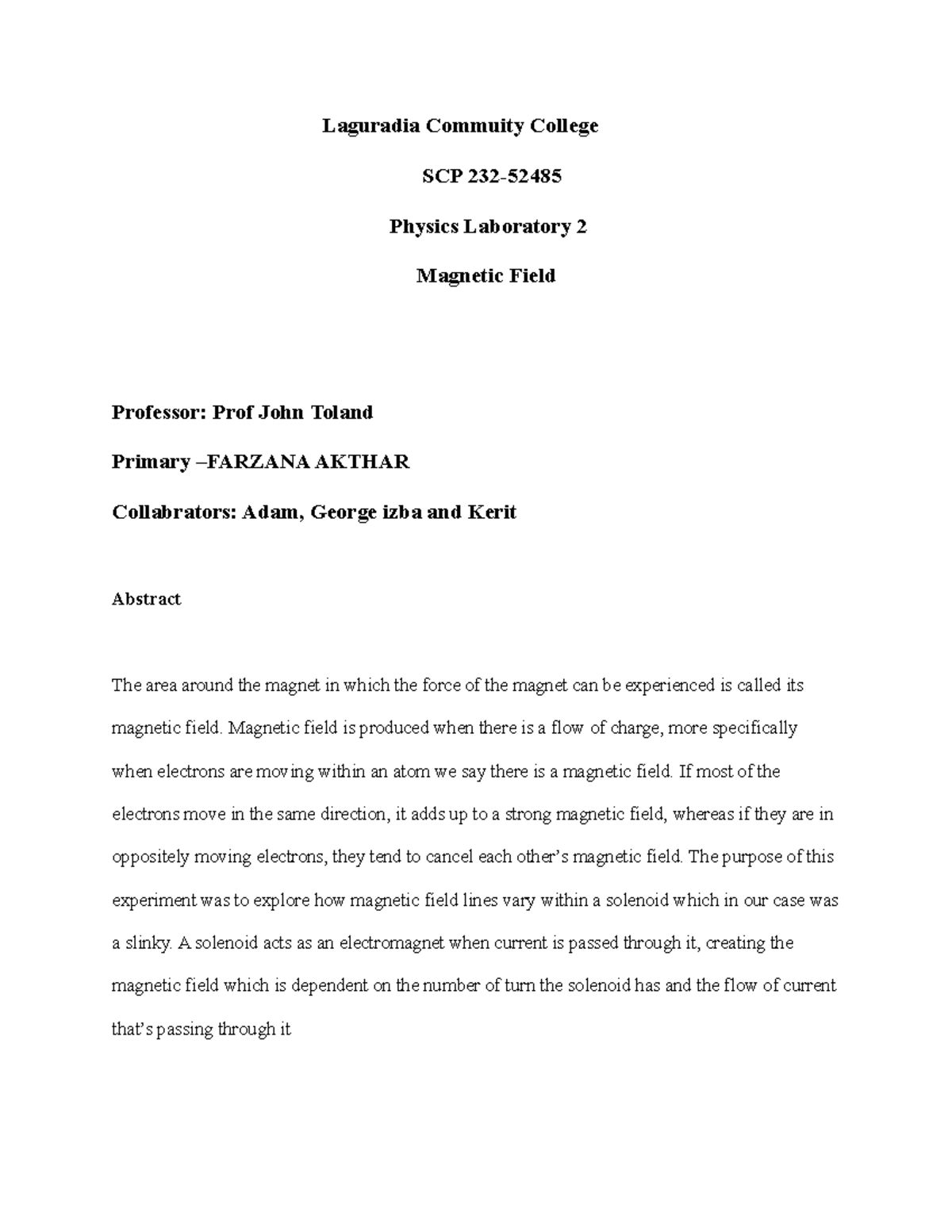 Scp232-Magnetic Field - Laguradia Commuity College SCP 232-52485 ...