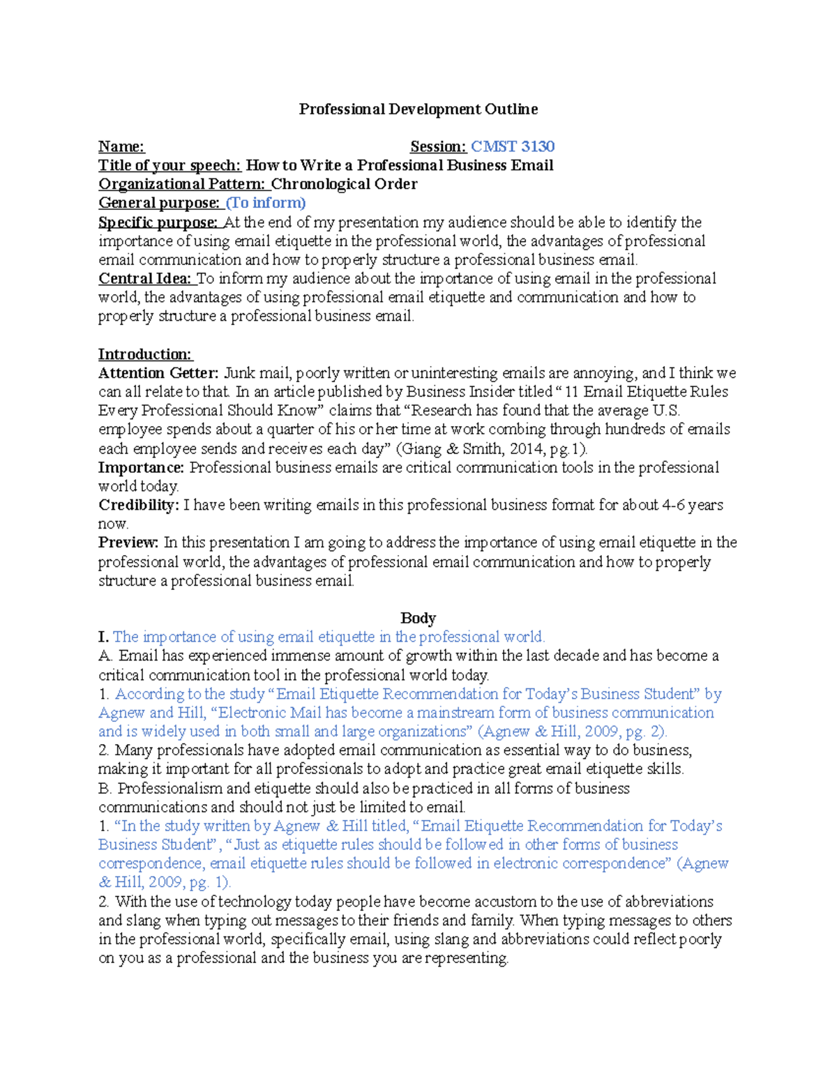 Professional Development Speech Outline for Stu - Professional ...