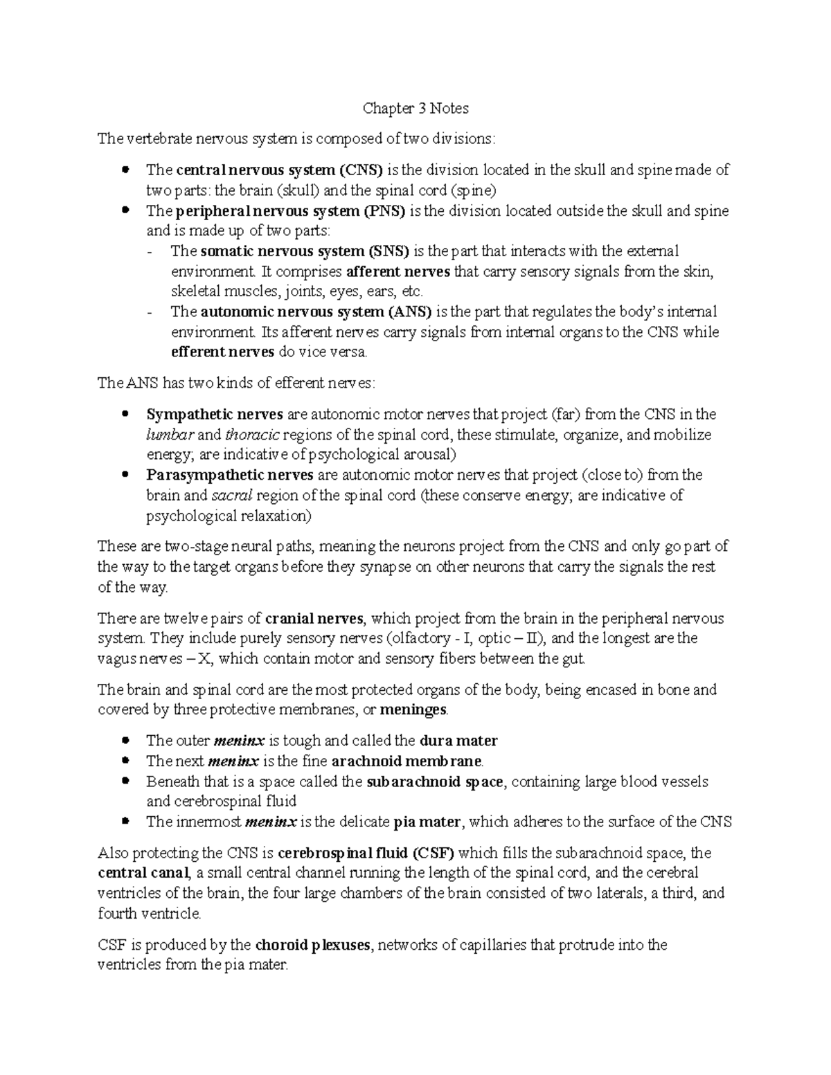 Chapter 3 Notes - PSB3002 - Chapter 3 Notes The vertebrate nervous ...