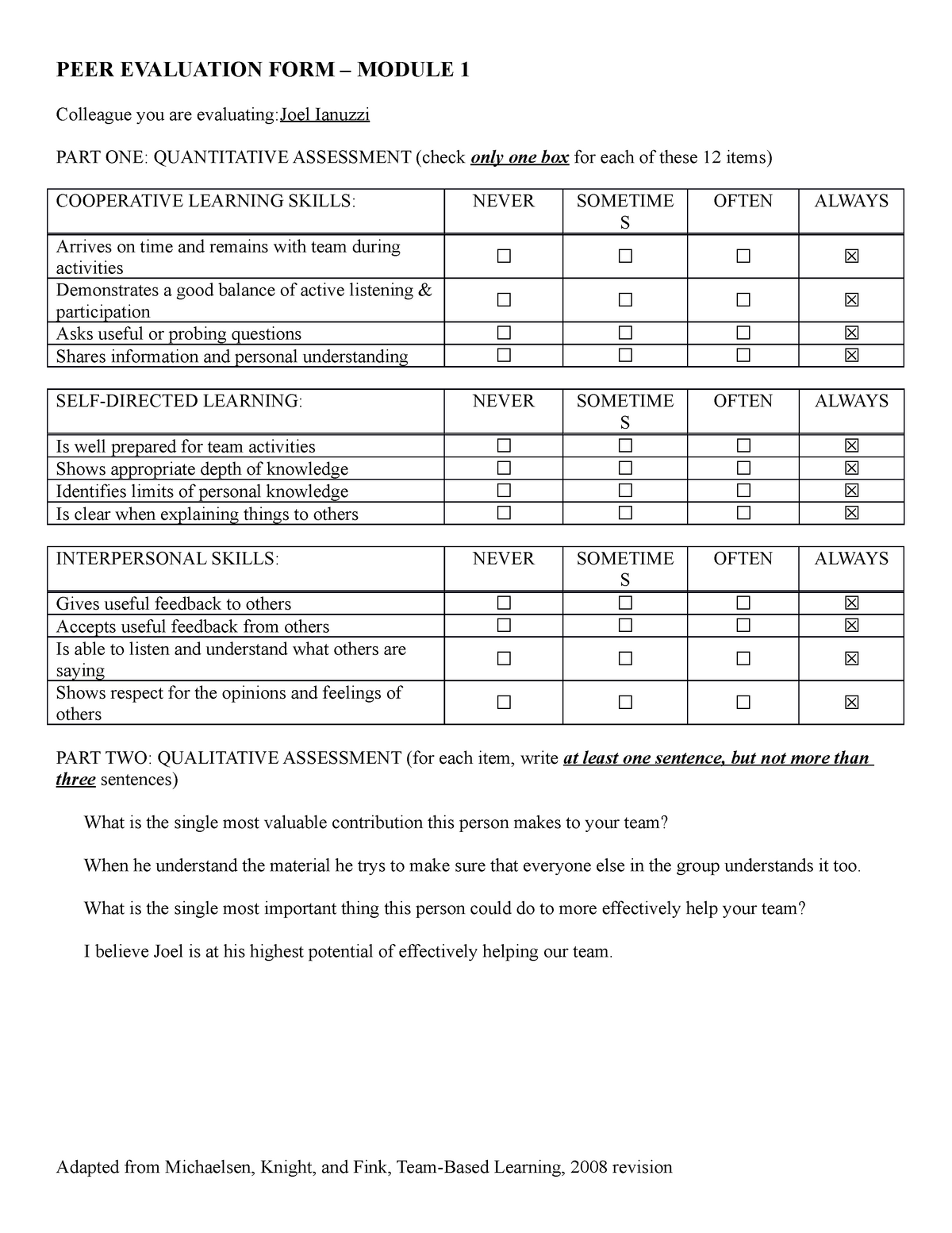 Peer Feedback Form V1 Iannuzzi - StuDocu