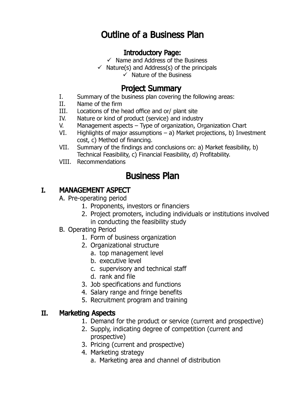 business plan introductory page