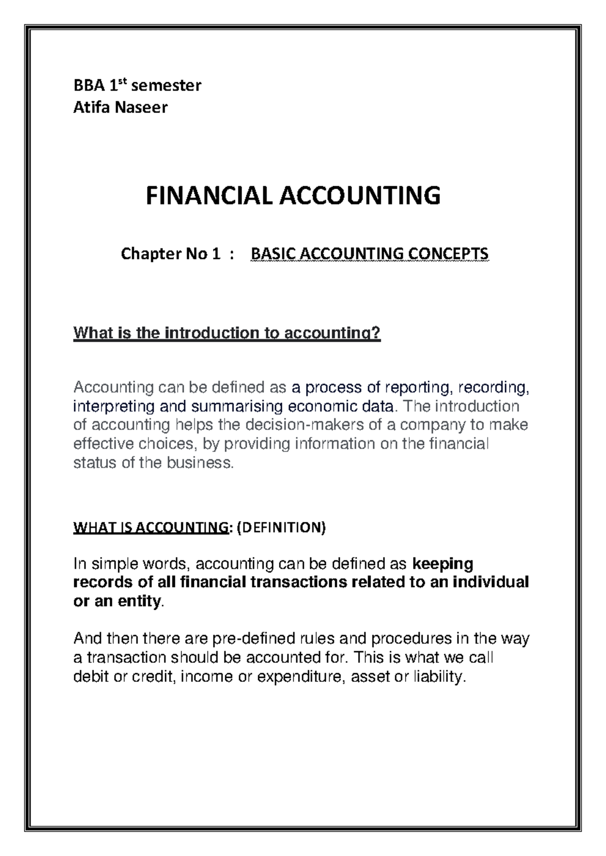 BBA Notes chapter 1 - IzifLyktiaias - BBA 1 st semester Atifa Naseer ...