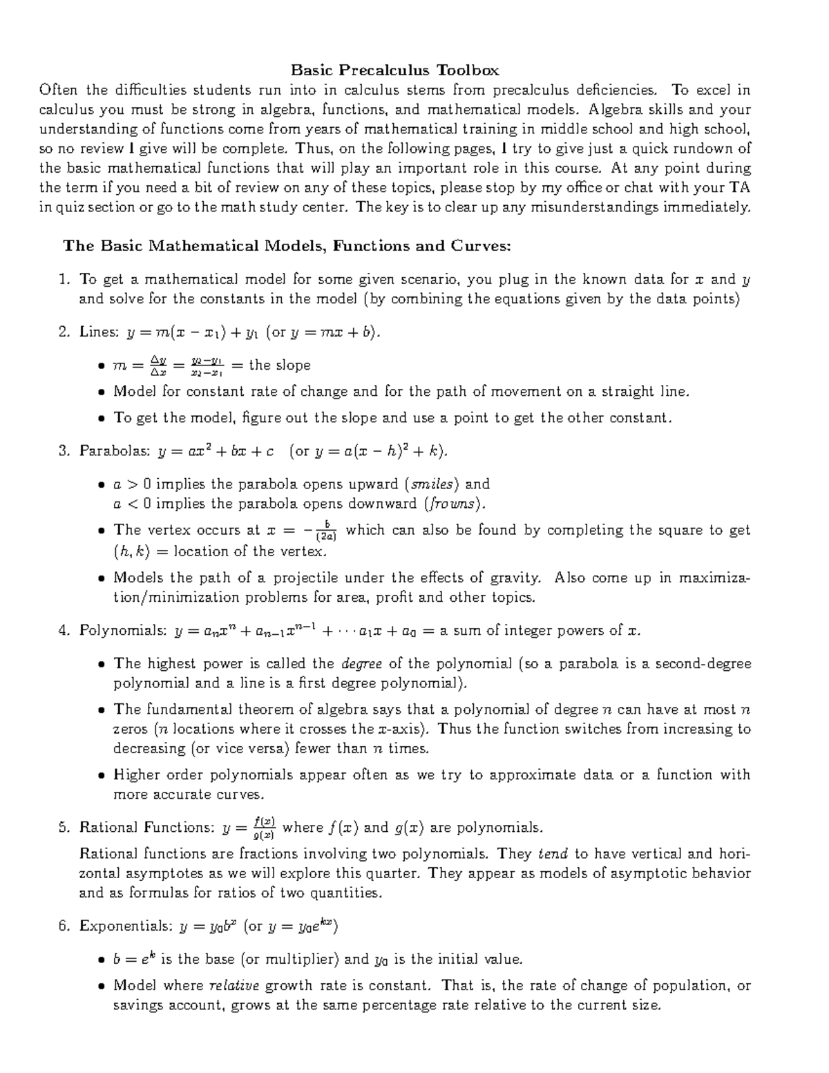 Pre-calc Review from University of WA - Basic Precalculus Toolbox Often ...