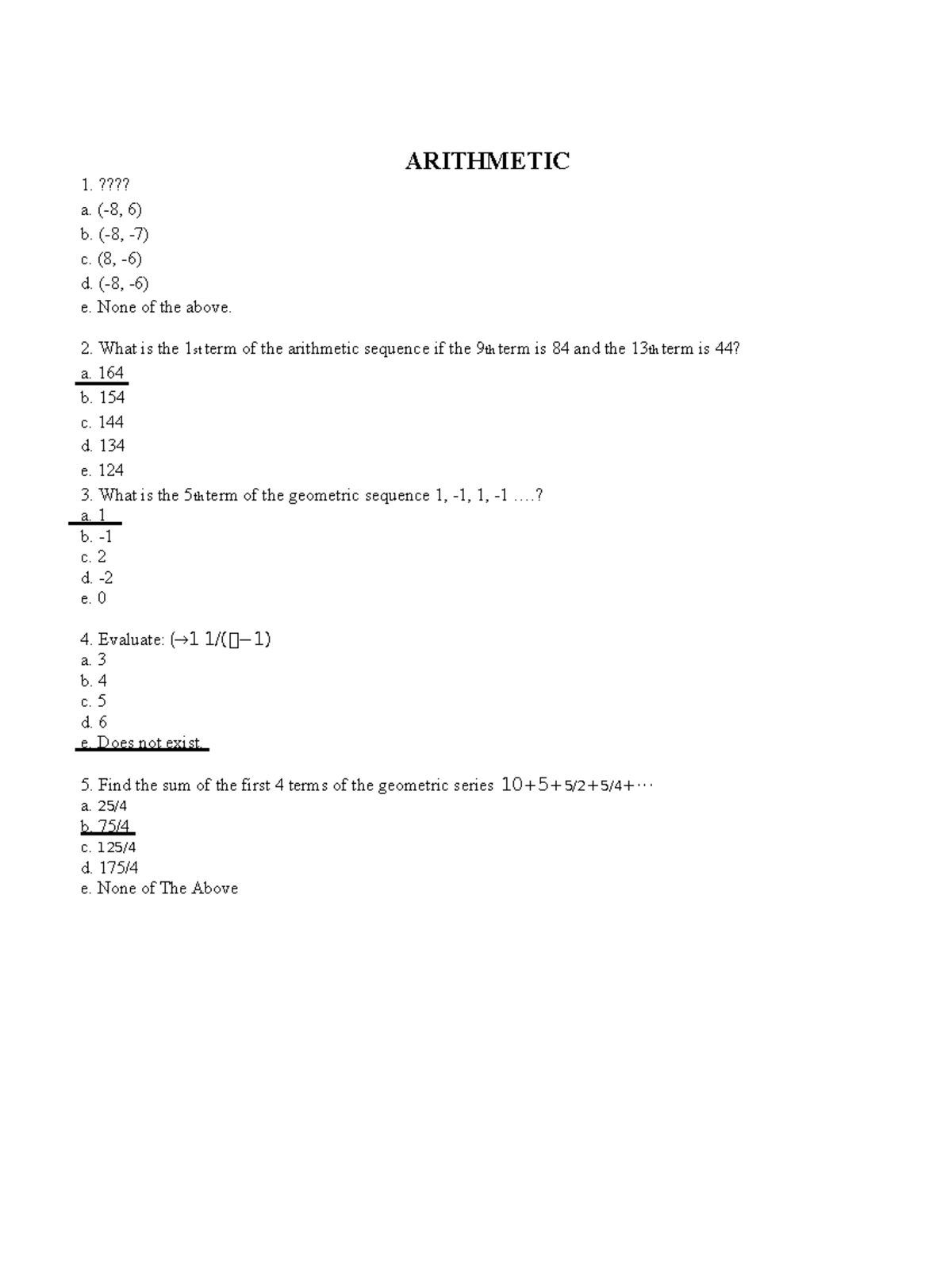 Test Questions 2w Answer - ARITHMETIC 1. ???? a. (-8, 6) b. (-8, -7) c ...