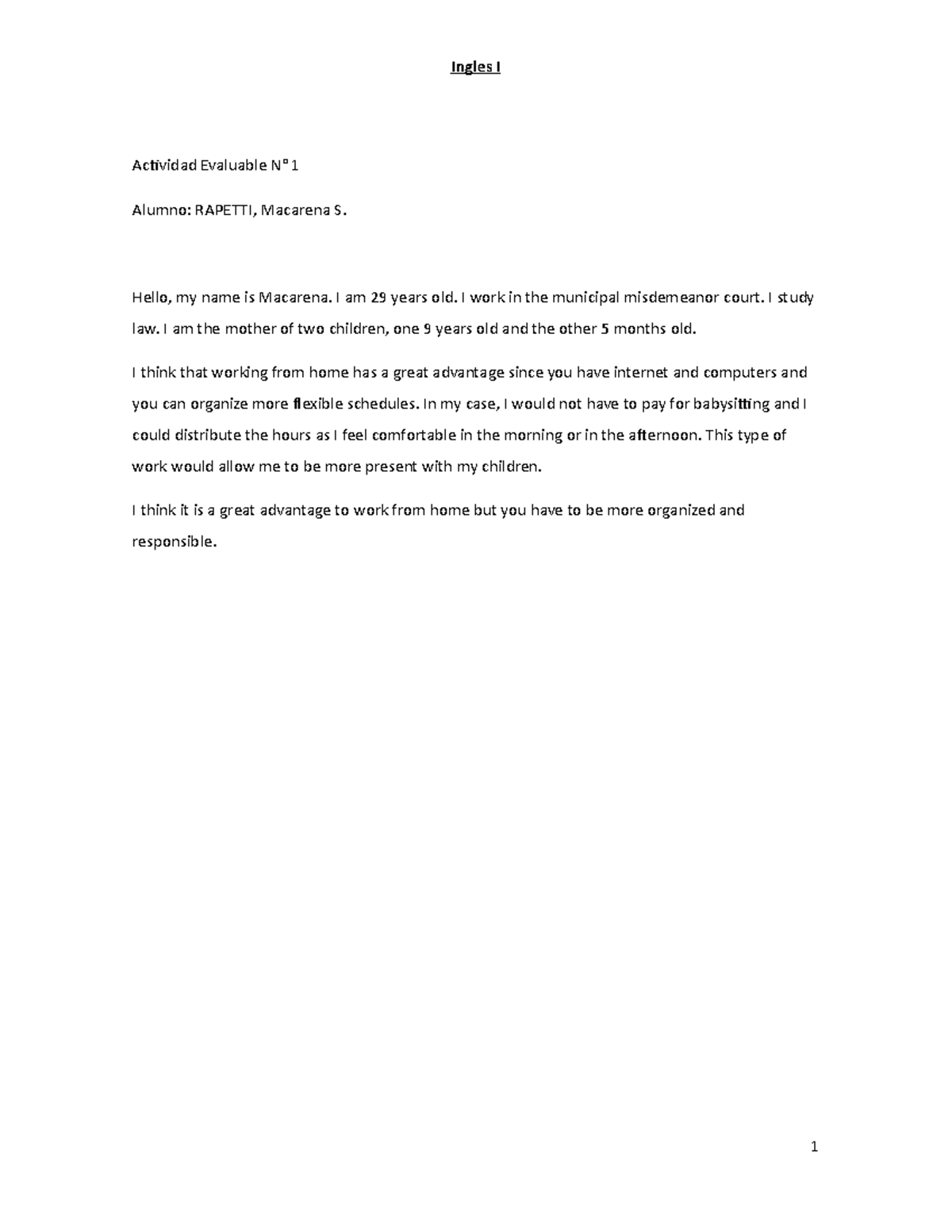 Actividad Evaluable N 1 - Ingles I Actividad Evaluable N° 1 Alumno ...