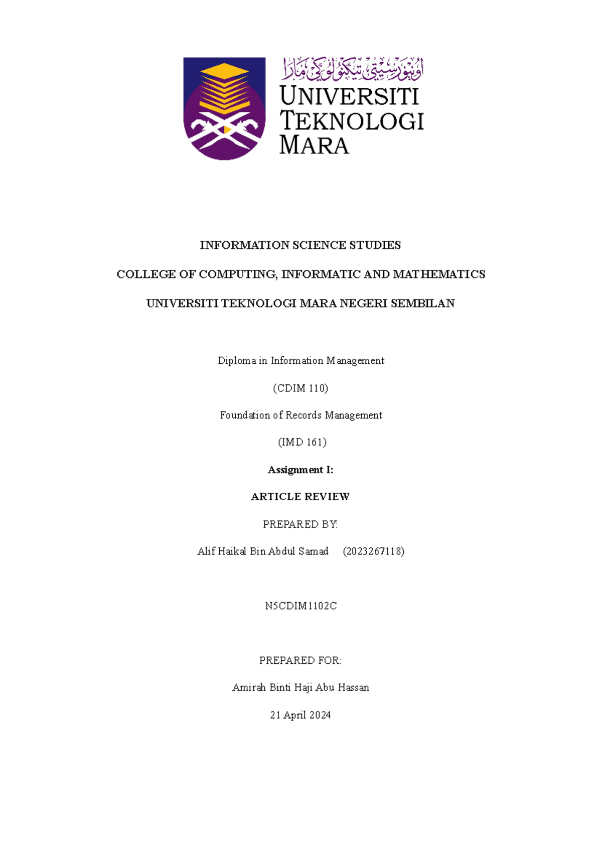 IMD161 ARTICLE REVIEW - INFORMATION SCIENCE STUDIES COLLEGE OF ...