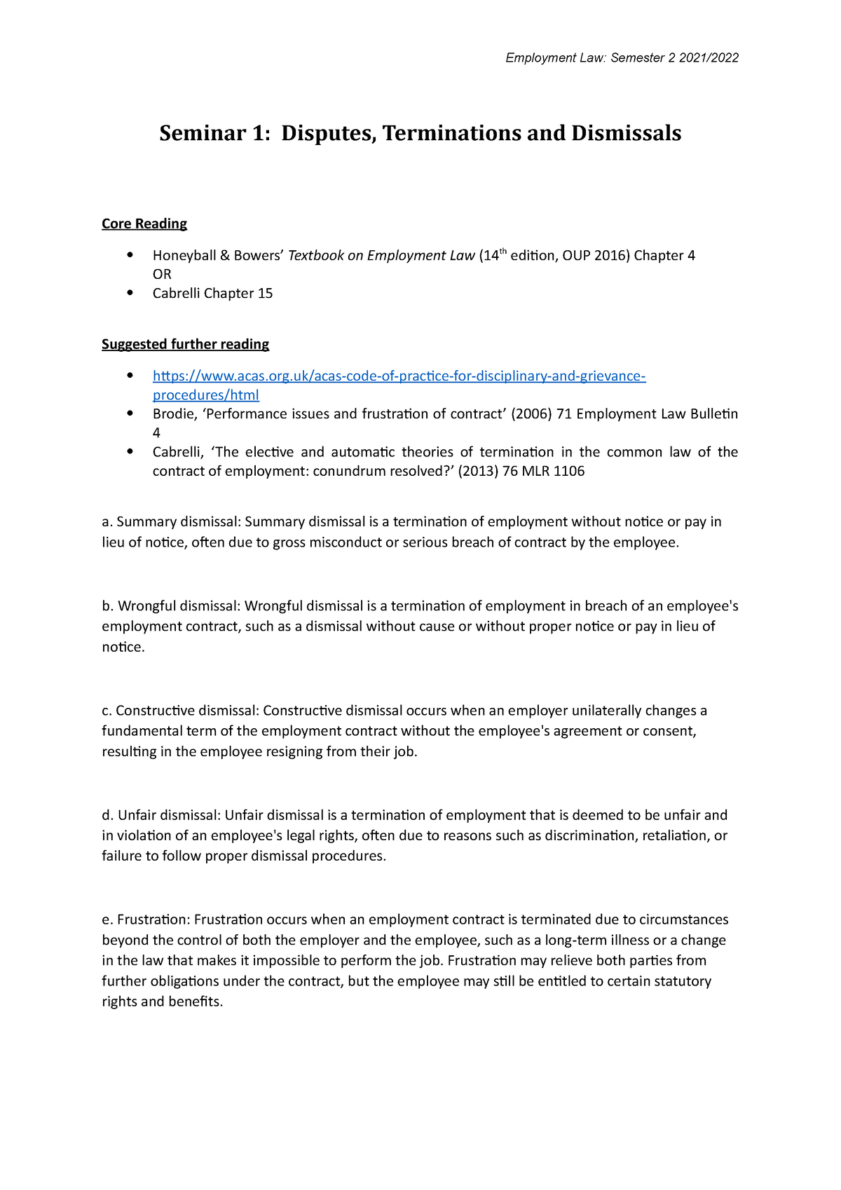 Seminar 1 Disputes Terminations and Dismissals 20212022